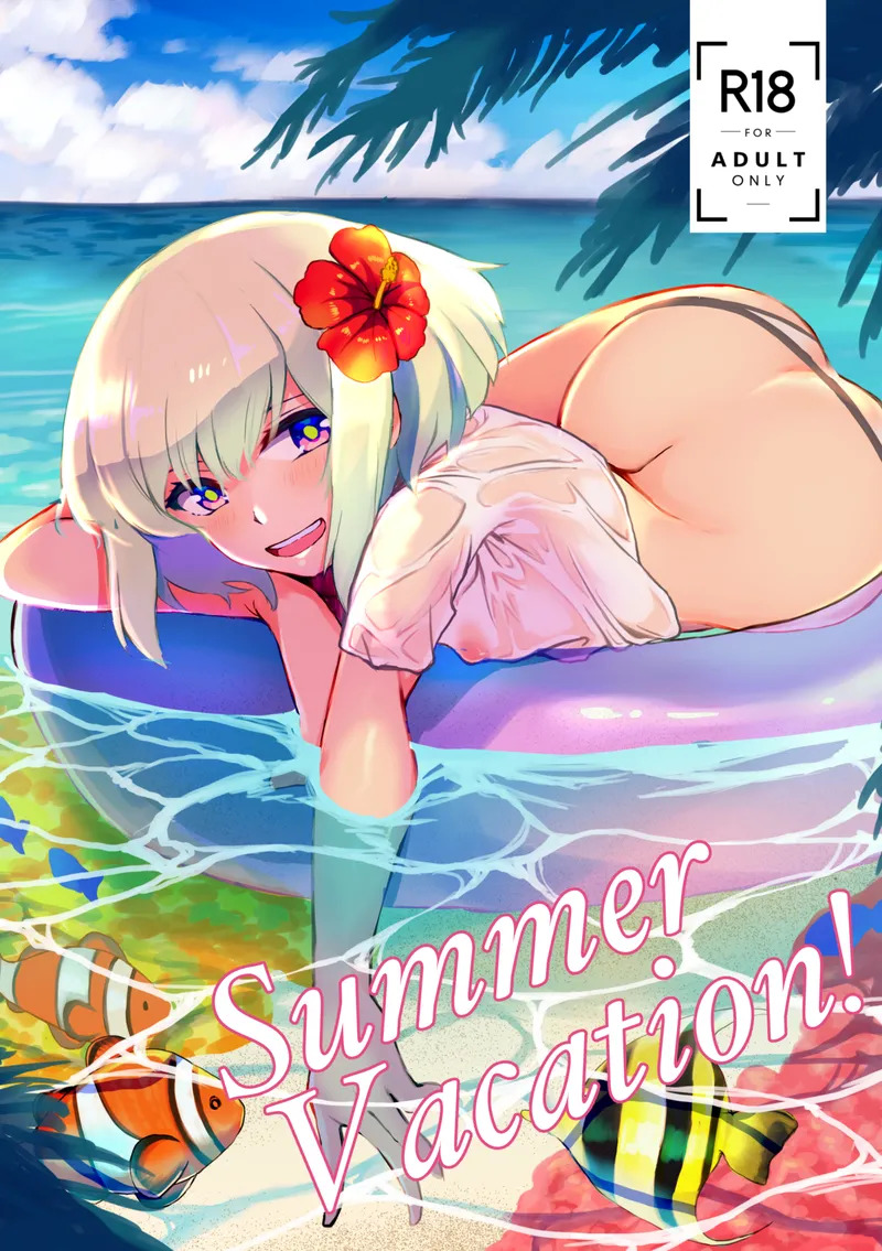androgynous, ass, beach, doujin cover, femboy, half naked, half-dressed, lio fotia, looking at viewer, male, promare, twink