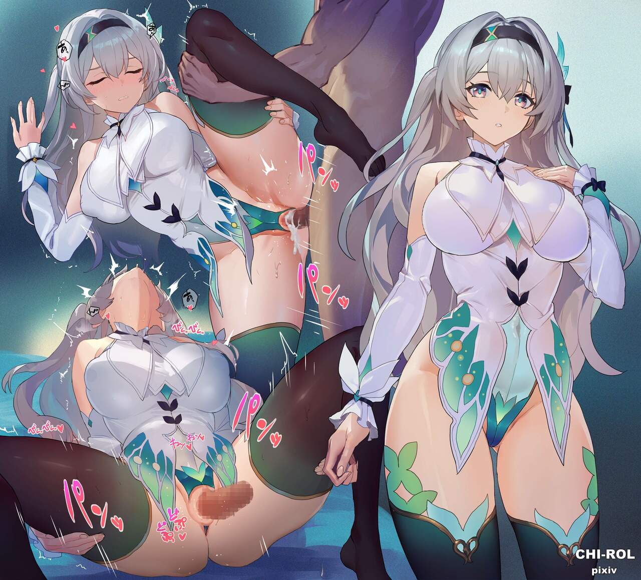 1boy 1girls blue_pupils chi-rol cum cum_in_pussy eyes_closed firefly_(honkai:_star_rail) grey_hair head_tilted_back heart holding_legs honkai:_star_rail honkai_(series) long_hair penetration penis_in_pussy tagme