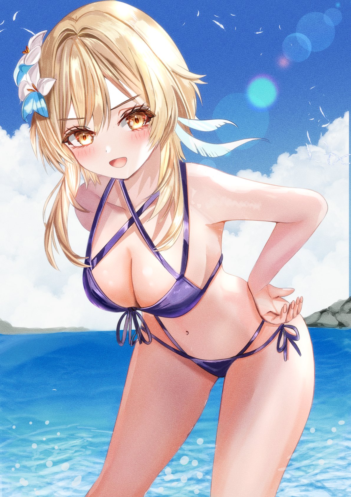 1girls 2d 2d_(artwork) alternate_costume belly_button bikini bikini_bottom bikini_top blonde_hair bra cleavage clouds day female female_focus female_only front_view genshin_impact high_resolution highres light-skinned_female light_skin lumine_(genshin_impact) medium_breasts mitsu336 multi-strapped_bikini navel ocean open_mouth outdoors purple_bikini purple_bikini_bottom purple_bikini_top purple_swimsuit revealing_swimsuit short_hair sky slim_girl solo solo_female solo_focus standing summer swimsuit thong thong_bikini two_piece_swimsuit water yellow_eyes young younger_female