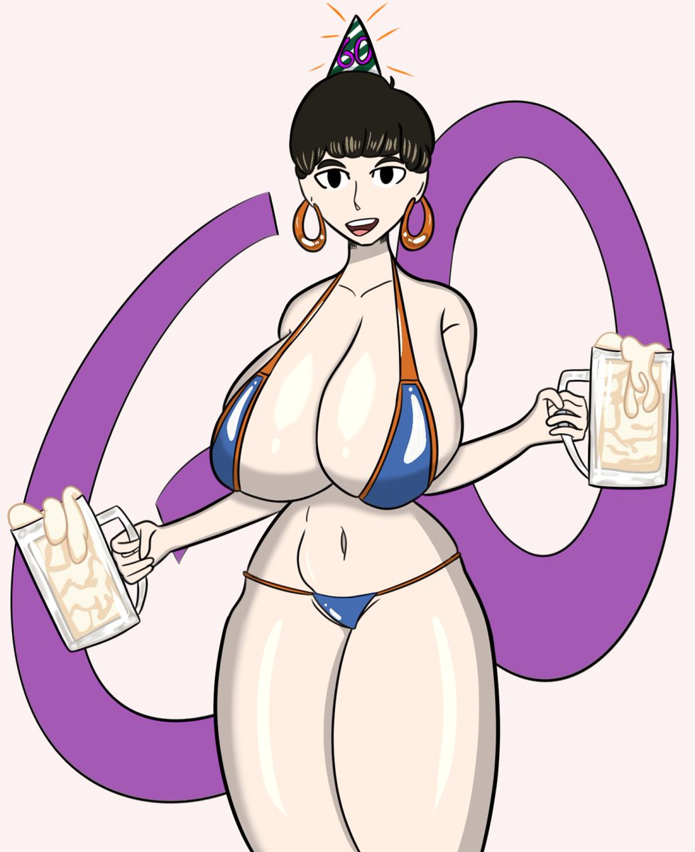 1girls bernice_summerfield bikini black_hair crabla cum_in_container huge_breasts party_hat short_hair thick_thighs