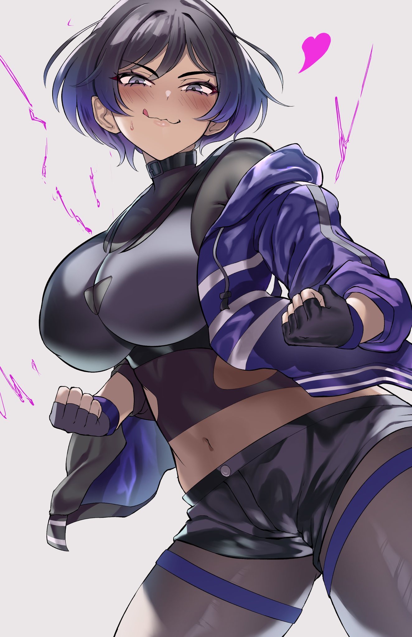 :3, :3q, 1girls, alternate breast size, big breasts, breasts, female, female only, heart, huge breasts, licking lips, looking at viewer, nipple bulge, nipples, ozumichi, reina mishima, solo, solo female, solo focus, tekken, tekken 8, thick thighs