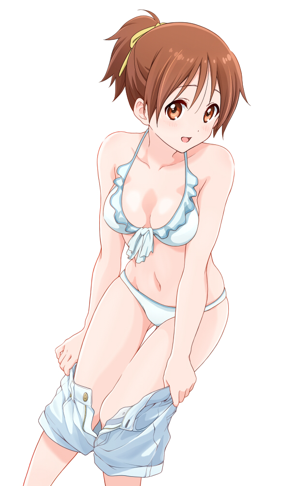 bikini, blue background, blue shorts, blush, breasts, brown eyes, brown hair, cleavage, collarbone, commentary request, female, frilled bikini, frills, gluteal fold, hair between eyes, hair ribbon, k-on!, looking at viewer, medium breasts, navel, open mouth, ponytail, ribbon, sawanatsu mikan, shiny skin, short hair, short shorts, shorts, simple background, smile, solo, swimsuit, two-tone background, ui hirasawa (k-on!), undressing, white background, white bikini, yellow ribbon
