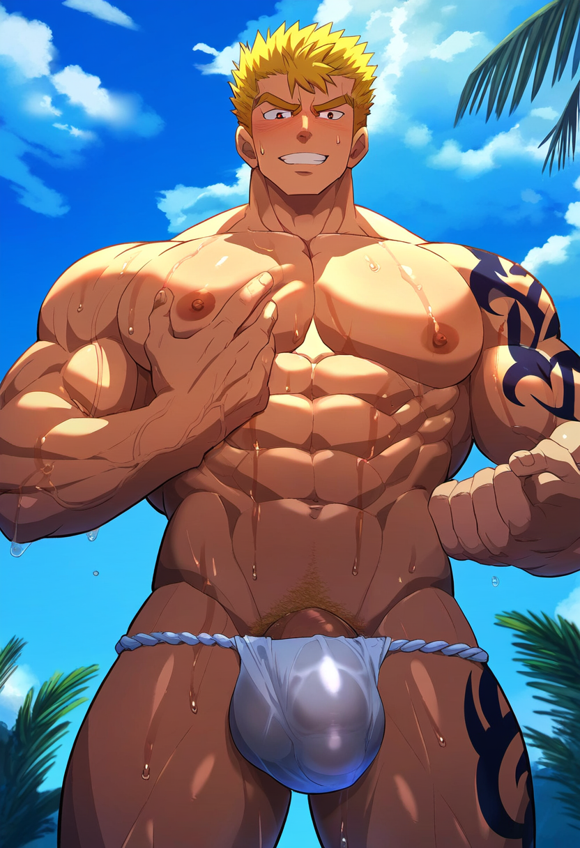 abs ai_generated aonoshishi balls balls_under_clothes bara biceps big_bulge blonde_hair blush bulge bulge_through_clothing fairy_tail fundoshi japanese_clothing laxus_dreyar male male_nipples male_only muscular_male nipples pecs penis penis_outline penis_under_clothes sweat sweating underwear wet