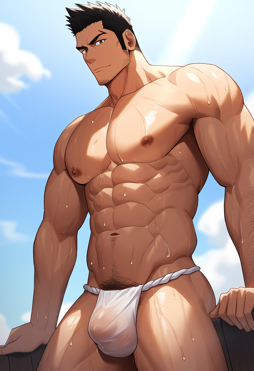 abs ai_generated aonoshishi balls_under_clothes bara biceps black_hair bleach bulge daddy dilf fundoshi isshin_kurosaki japanese_clothing male male_nipples male_only manly mature_male muscular_male nipples pecs penis_under_clothes sweat sweating wet