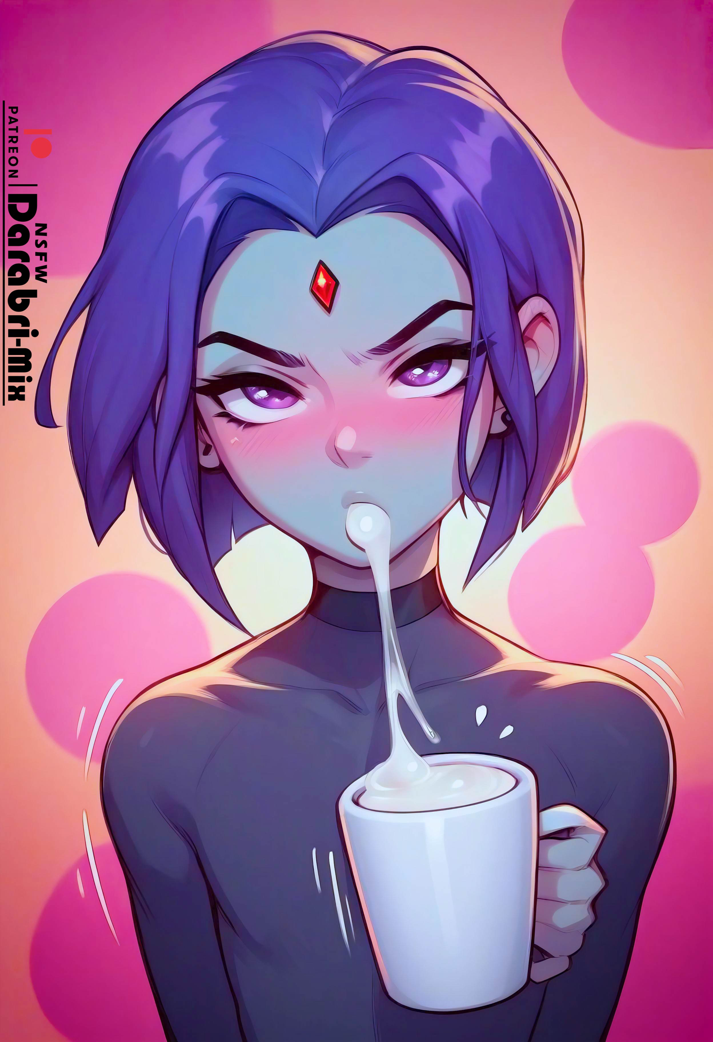 1boy, abstract background, absurd res, ai generated, ass, back muscles, blush, collar, crop top, cute, darabri-mix, dc, dc comics, drinking, drinking cum, femboy, feminine male, gay, genderswap, girly, logo, male, male raven, muscles, otoko no ko, patreon, patreon logo, pov eye contact, purple hair, raven (dc), rule 63, short hair, side view, smile, smug, stockings, trap, yaoi