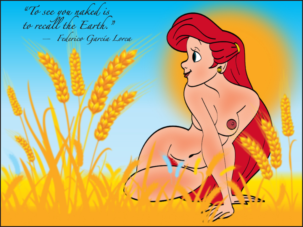 ariel arm_support breasts col_kink day disney female female_only human nipples nude outdoors pale_skin red_hair sky smile solo straight_hair tagme text the_little_mermaid wheat