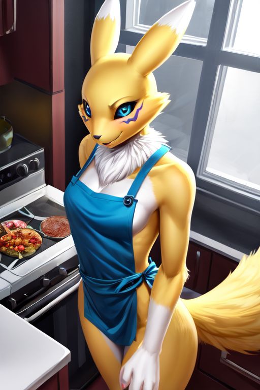 1girls 2024 ai_generated anthro apron apron_only bandai_namco black_sclera blue_apron blue_eyes canine cooking digimon digimon_(species) female female_only fox gloves_(marking) high-angle_view indoors kitchen nude_underneath renamon sideboob white_fur yellow_fur