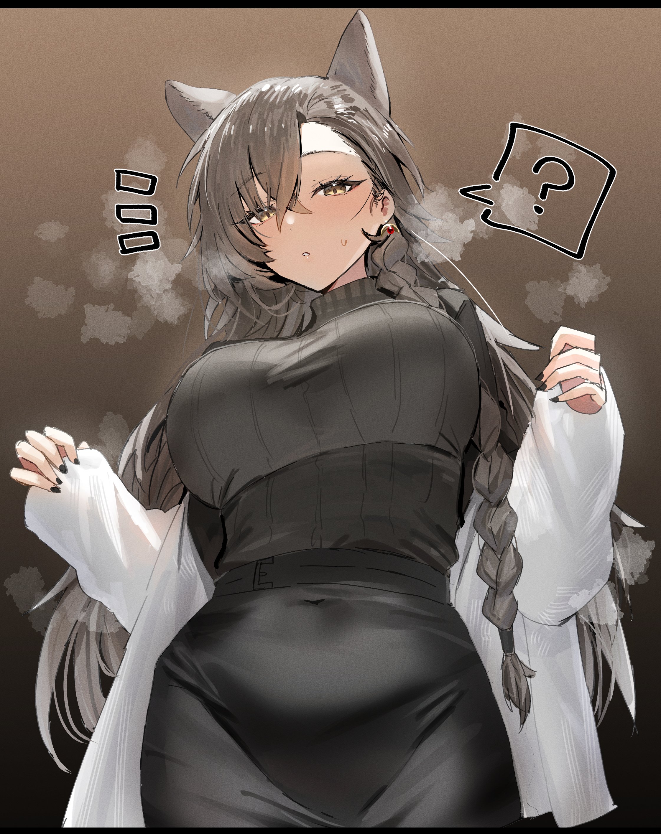 1girls, animal ears, arknights, belly, big breasts, black nails, braided hair, breasts, chest, coat, earrings, eyelashes, female, female only, grey hair, hair between eyes, highres, horn/wood, kemonomimi, large breasts, light skin, light-skinned female, long hair, looking at viewer, looking down, looking down at viewer, mature female, nail polish, navel visible through clothes, open clothes, open coat, parted lips, penance (arknights), penance (occasionally flushed) (arknights), skirt, solo, spoken question mark, steaming body, surprised, sweatdrop, sweater, tight clothing, yellow eyes