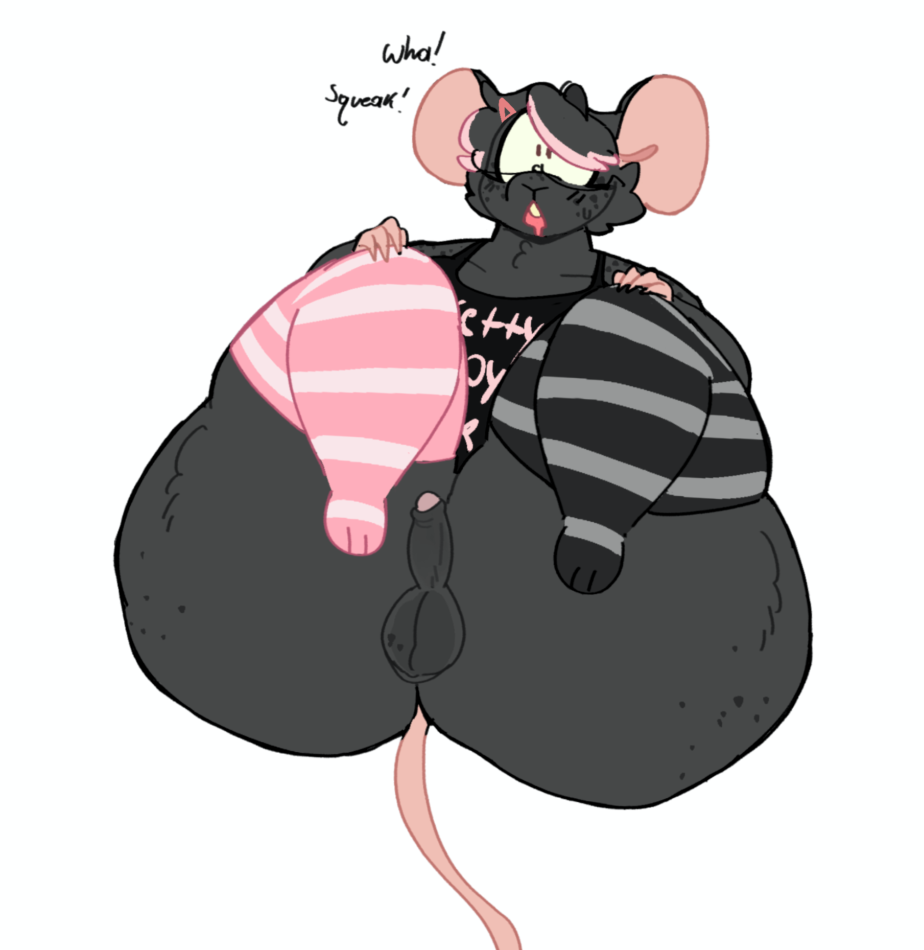 anthro, ass, avery (lopsalien), balls, big ass, black fur, blush lines, bottomless, brown eyes, bubble ass, bubble butt, choker, chubby male, clothed, dialogue, drool, fat ass, femboy, feminine male, freckles, freckles on ass, freckles on face, glasses, hairclip, hard on, kneehighs, looking at viewer, lopsalien, male, male only, mammal, mouse, oc, on back, open mouth, original character, penis, pink hair, plain background, plump, shortstack, small penis, solo, solo focus, solo male, surprised expression, tail, thick thighs, wide hips