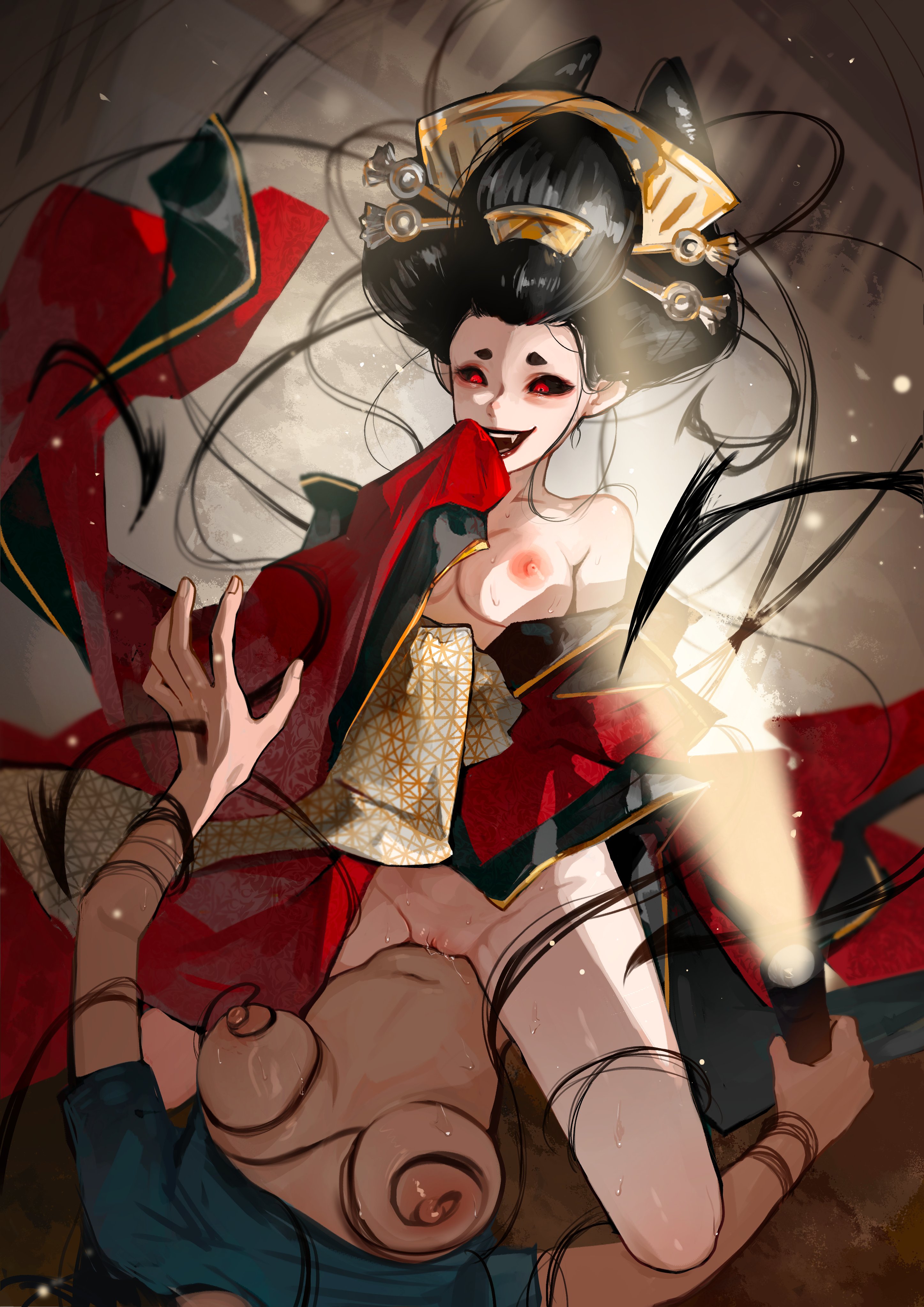 2girls, black sclera, character request, copyright request, demon, demon girl, dominant female, nipples, oiran, pussy, red eyes, submissive female, tagme, tits out, yeougui, yuri