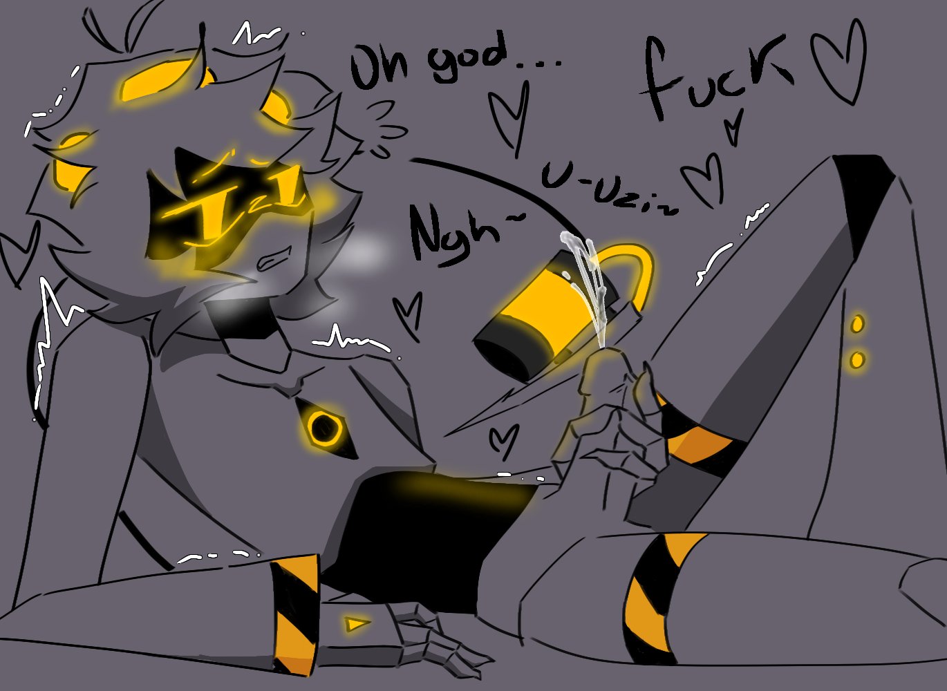 1boy, 2d, artist request, clenched teeth, cum, cumming, cumming from masturbation, disassembly drone, ejaculation, english text, fantasizing, glitch productions, glowing, grey background, handjob, heart, humanoid, lying, male, male moaning, male only, masturbation, mentioned character, moaning name, murder drones, n (murder drones), non-human, non-human only, penis, profanity, robot, robot boy, robot humanoid, screen face, short hair, simple background, skinny, solo, talking, text, toony, trembling, white body