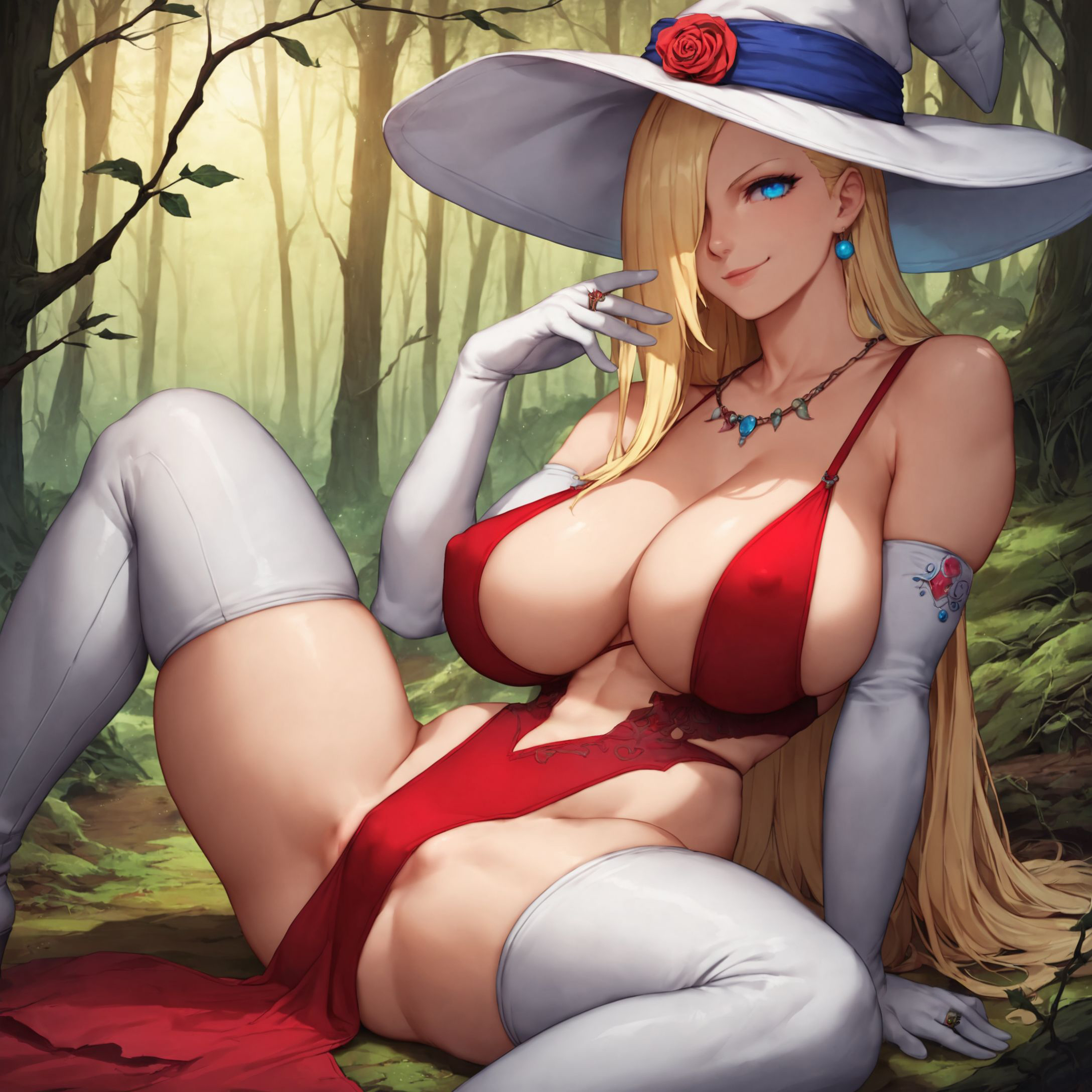1girls, ai generated, alex-schura, alternate costume, arm gloves, arm support, bare legs, bare shoulders, bare thighs, big breasts, blonde hair, blue eyes, blush, blush lines, boots, boruto: naruto next generations, breast slip, breasts, closed mouth, dress, earrings, female, forest, gloves, hair down, hair over one eye, huge breasts, ino yamanaka, light skin, light-skinned female, lipstick, looking at viewer, makeup, mature, mature female, meme attire, milf, nai diffusion, naruto, naruto (series), naruto shippuden, naruto: the last, necklace, no bra, no bra under clothes, no panties, on table, oppai, revealing clothes, ring, sitting, sitting on table, skimpy, skimpy clothes, stable diffusion, stockings, thick thighs, thigh boots, thighs, very long hair, voluptuous, voluptuous female, wide hips, witch, witch costume, witch hat