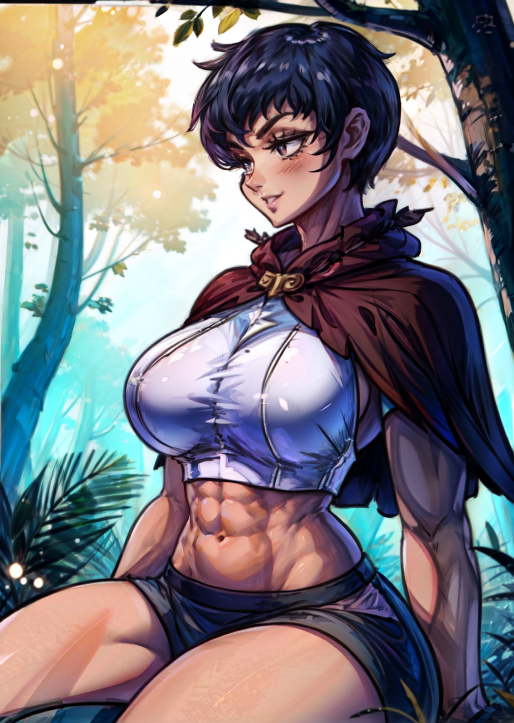 1girls abs ai_generated berserk black_hair blush breasts brown_eyes cape capelet casca crop_top dark-skinned_female dark_hair dark_skin female female_only forest grin human looking_away midriff muscular muscular_female navel short_hair sideboob sitting smile smirk solo solo_female stable_diffusion tampopo thighs tomboy toned toned_female woods