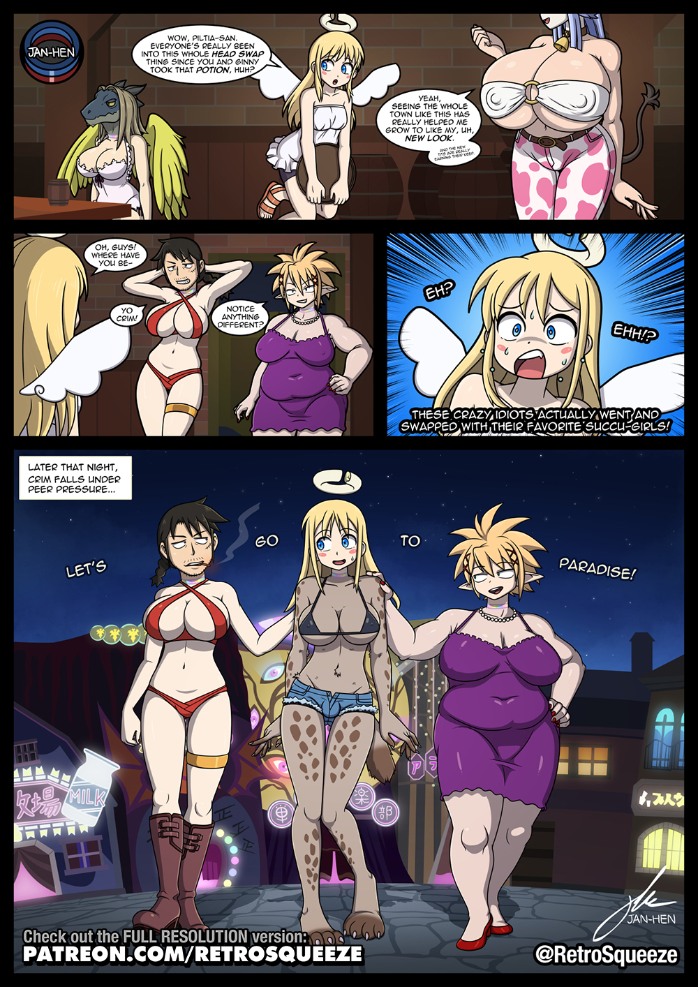 angel angel_wings anime anthro anthropomorphic big_breasts bikini breasts bulge bulge_through_clothing cleavage comic comic_page crimvael daisy_dukes elf feet female furry gender_bender gender_transformation guinea_(ishuzoku_reviewers) halo head_swap headswap high_heel_boots high_heeled_boots high_heels huge_breasts human interspecies interspecies_reviewers ishuzoku_reviewers jan-hen jean_shorts male manga massive_breasts minotaur minotaur_female nightie nipples_visible_through_clothing old_woman older_female piltia pumps pussy retrosqueeze saggy_breasts sandals sideboob small_breasts speech_bubble stunk transformation underboob what zel_(ishuzoku_reviewers)