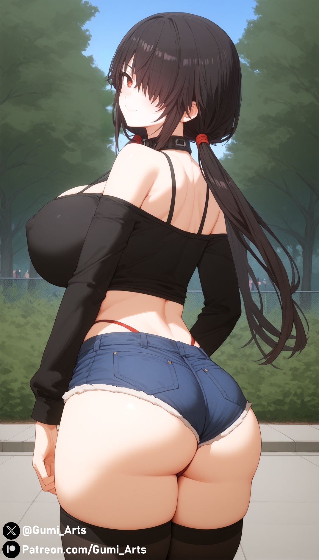 ai generated, alternate breast size, ass, bare shoulders, black hair, boobs and butt pose, breasts, collar, covered nipples, date a live, denim shorts, female, from behind, g string, gumi arts, hair over one eye, huge breasts, looking back, red eyes, smile, stable diffusion, standing, thick thighs, tokisaki kurumi