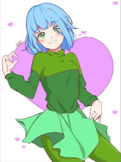 amber_lightvale bad_source blue_hair glitchtale green_eyes green_shirt green_skirt pink_background shirt short_hair simple_background skirt smile white_background