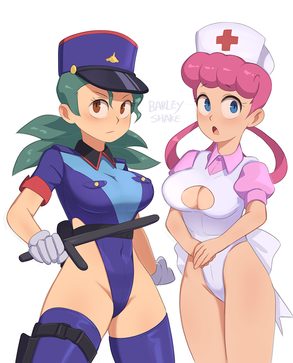 2girls barleyshake baton baton_(weapon) blue_eyes blue_hair blue_leotard breasts brown_eyes cleavage_cutout gloves hair_rings highleg highleg_leotard holding_baton holster leotard looking_at_viewer medium_breasts nintendo nurse nurse_cap nurse_joy nurse_uniform officer_jenny_(pokemon) pink_hair pink_shirt pokemon police police_hat police_officer police_uniform policewoman ponytail shirt thigh_holster thighhighs white_leotard