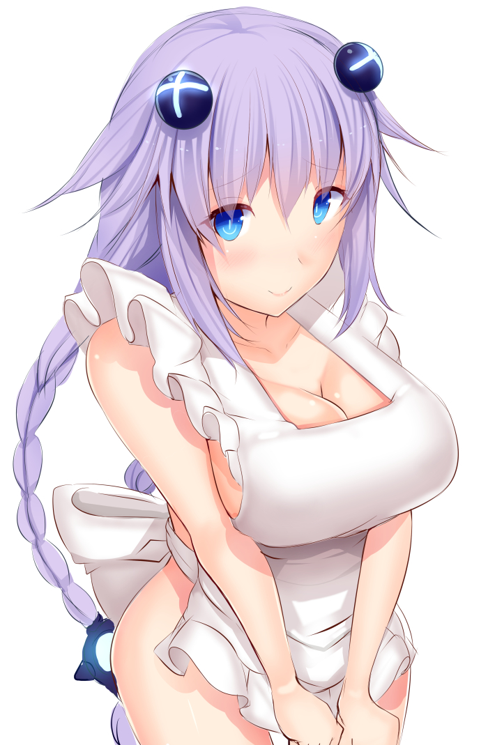 1girls apron blue_eyes breasts daiaru hair_ornament large_breasts looking_at_viewer naked_apron neptune_(neptunia) neptunia_(series) power_symbol power_symbol-shaped_pupils purple_hair purple_heart_(neptunia) twin_braids