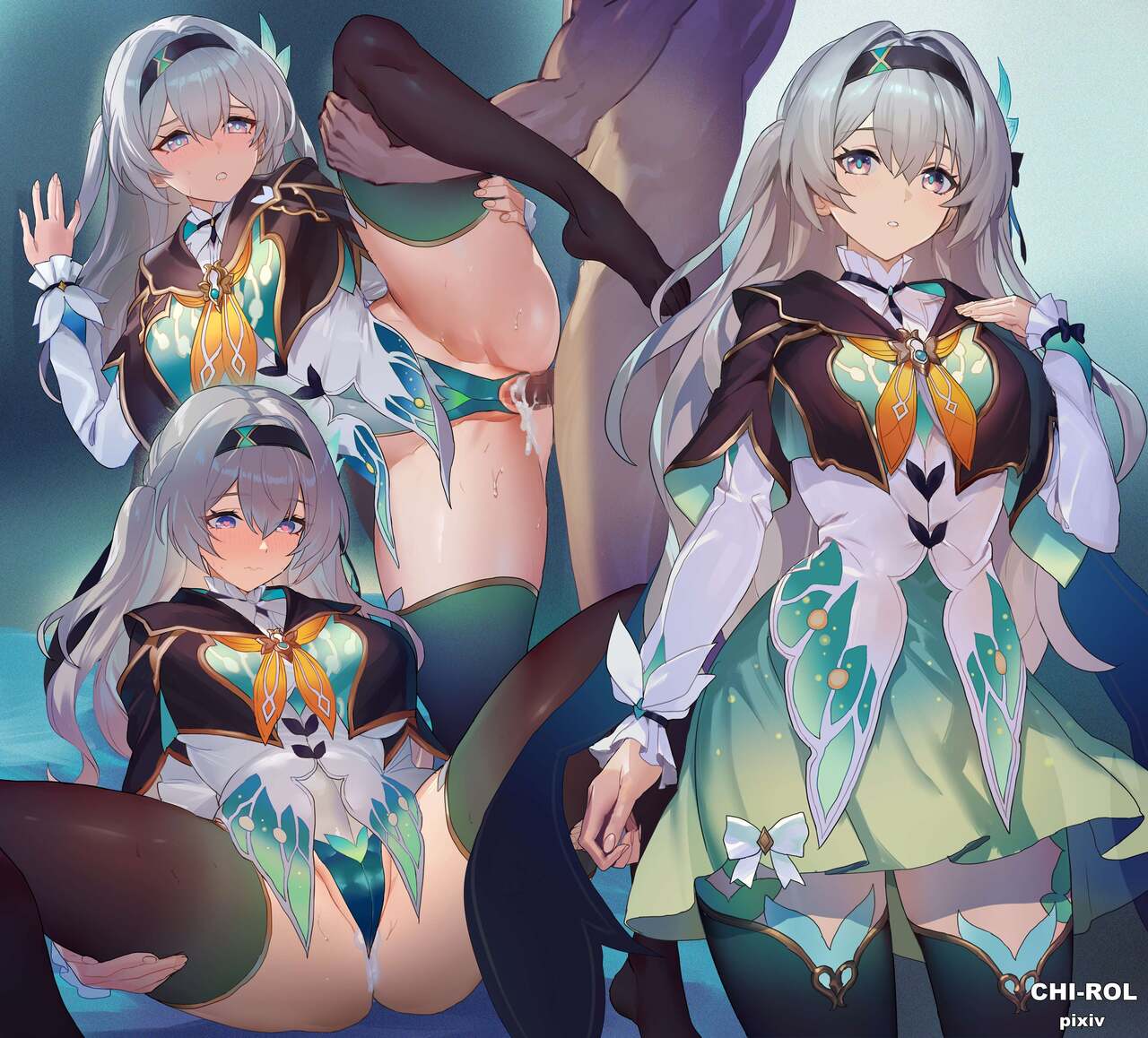 1boy, 1girls, blue pupils, chi-rol, cum, cum in pussy, female, firefly (honkai: star rail), grey hair, holding legs, honkai (series), honkai: star rail, long hair, male, penetration, penis, penis in pussy, pussy, tagme