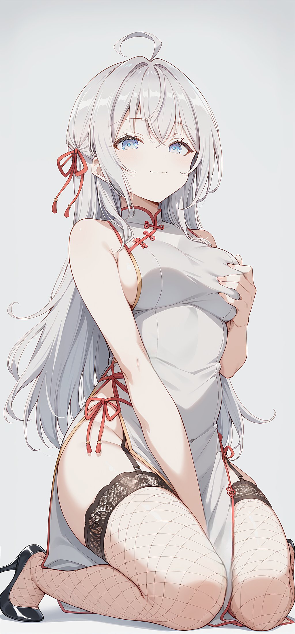 ahoge ai_assisted ai_generated alisa_mikhailovna_kujou ass_visible_through_thighs bare_arms bare_shoulders big_breasts blush breasts chinese_clothes closed_mouth feet fishnet_thighhighs fishnets garter_belt garter_straps hair_ribbon high_heels jyabochii long_hair no_bra on_knees pelvic_curtain russian side-tie_clothing sideboob sleeveless_dress smile squeezing_own_breasts thighhighs thighs tokidoki_bosotto_russian_de_dereru_tonari_no_alya-san white_dress white_hair zettai_ryouiki