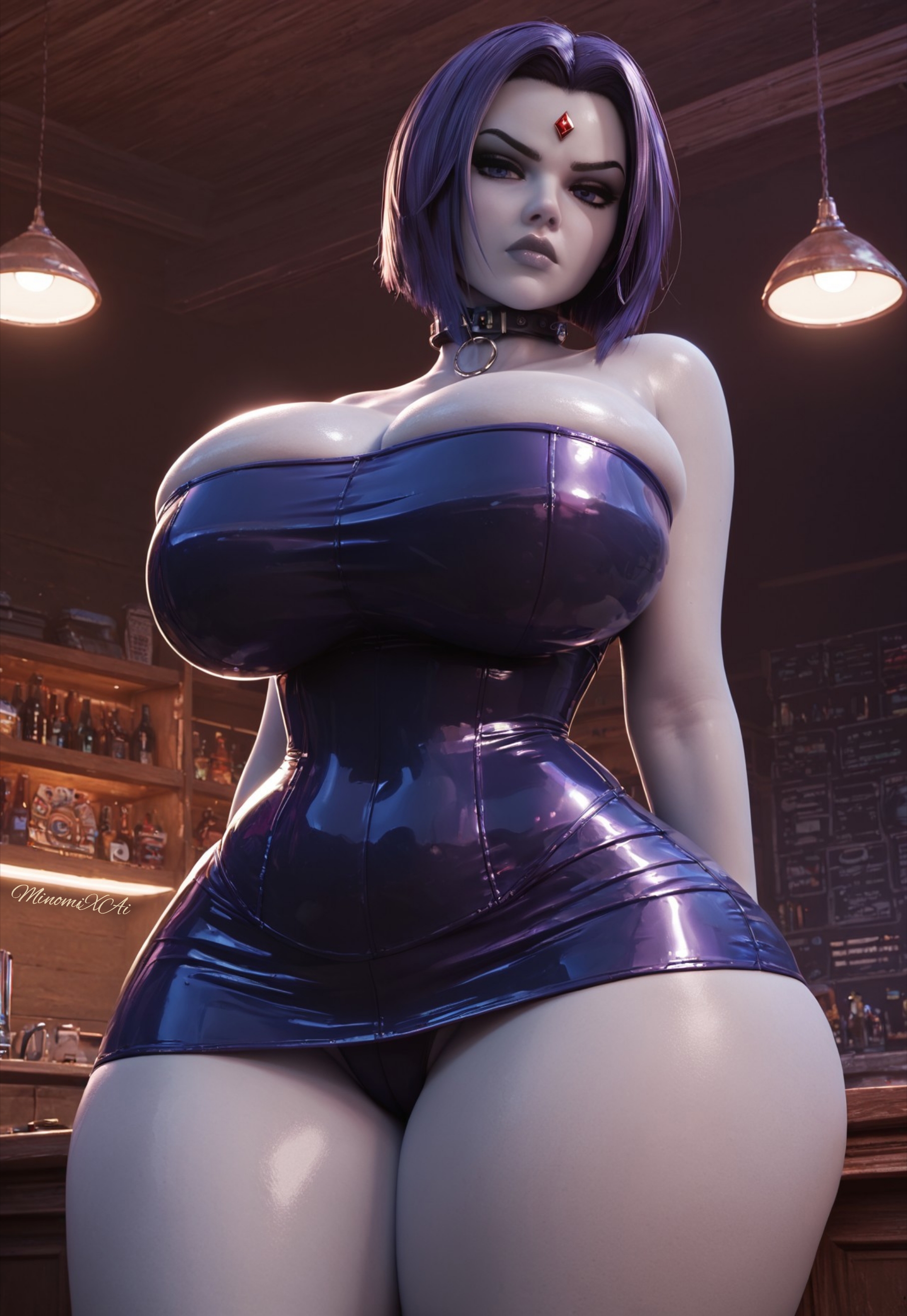 1girls, ai generated, angry, bare shoulders, breasts, busty, choker, cleavage, clothed, clothed female, collar, colored skin, curvy, curvy figure, dc, dc comics, dress, female, forehead jewel, glaring, goth, goth girl, grey body, grey skin, hi res, highres, huge breasts, indoors, large breasts, latex, lips, lipstick, makeup, miniskirt, minomixai, panties, purple eyes, purple hair, rachel roth, raven (dc), shiny clothes, shiny skin, short hair, skirt, solo, solo focus, teen titans, thick lips, thick thighs, thighs, tight clothing, underwear, upskirt, voluptuous, voluptuous female, wide hips