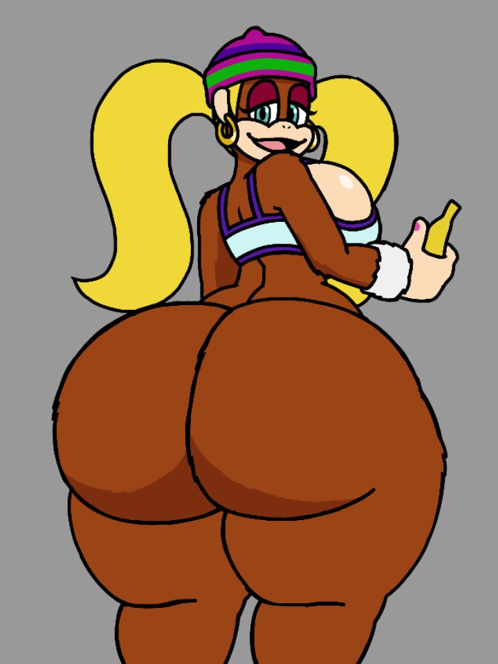 1girls anthro ape ass back_view banana beanie big_ass big_breasts blonde_hair blue_eyes bottom_heavy bottomless breasts donkey_kong_(series) earrings eyelashes female ftrashpickle fuzzycapsule08 holding_object hoop_earrings huge_ass huge_breasts large_ass large_breasts long_hair looking_at_viewer looking_back nail_polish narrowed_eyes nintendo pink_nails primate rareware sideboob smile solo thick_ass thick_thighs thighs tiny_kong topwear twintails wristband