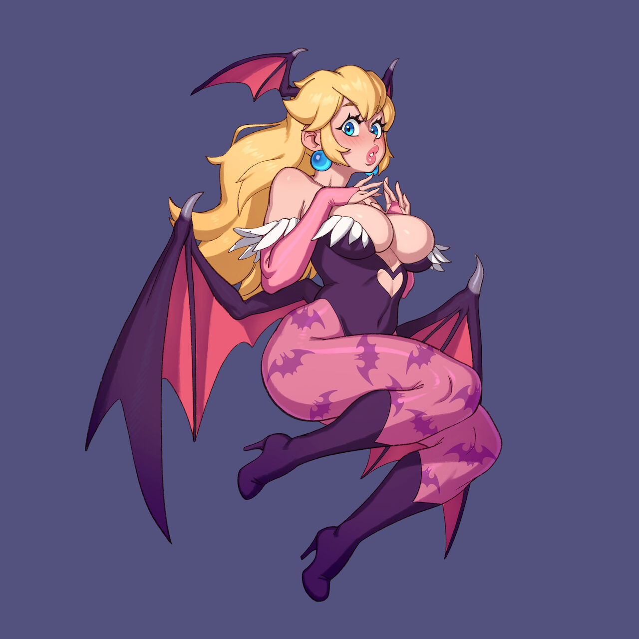 1girls, big breasts, blonde hair, blue eyes, breasts, bridal gauntlets, capcom, cleavage, cosplay, covered navel, darkstalkers, elbow gloves, female, female focus, female only, gloves, goth, goth girl, head wings, high heel boots, high heels, human, large breasts, long hair, looking at viewer, mario (series), milf, morrigan aensland (cosplay), nintendo, open mouth, princess peach, rizdraws, skimpy clothes, skin tight, tagme, thighs, tight clothing
