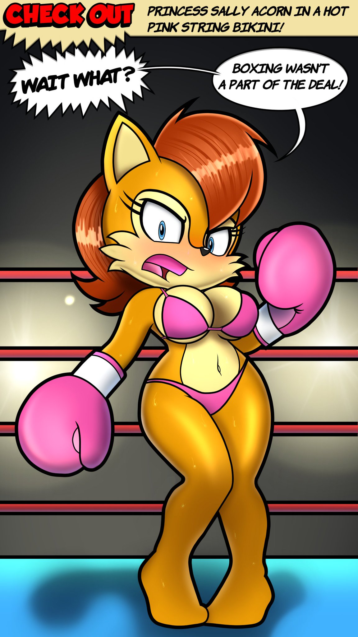 1girls 9:16 anthro archie_comics barefoot big_breasts big_thighs bikini bikini_top blue_eyes bottom bottomwear boxing boxing_gloves breasts chipmunk cleavage clothed clothing curvy digital_media_(artwork) english_text female female_only fighting_ring fur gloves ground_squirrel hair handwear hi_res looking_at_viewer mammal mouthguard navel open_mouth pink_bikini pink_boxing_gloves pink_gloves rodent sally_acorn sciurid sega solo sonic_(series) sonic_the_hedgehog_(archie) sonic_the_hedgehog_(comics) sonic_the_hedgehog_(series) swimwear text thick thick_hips thick_thighs thighs toyminator900 wide_hipped_female wide_hips