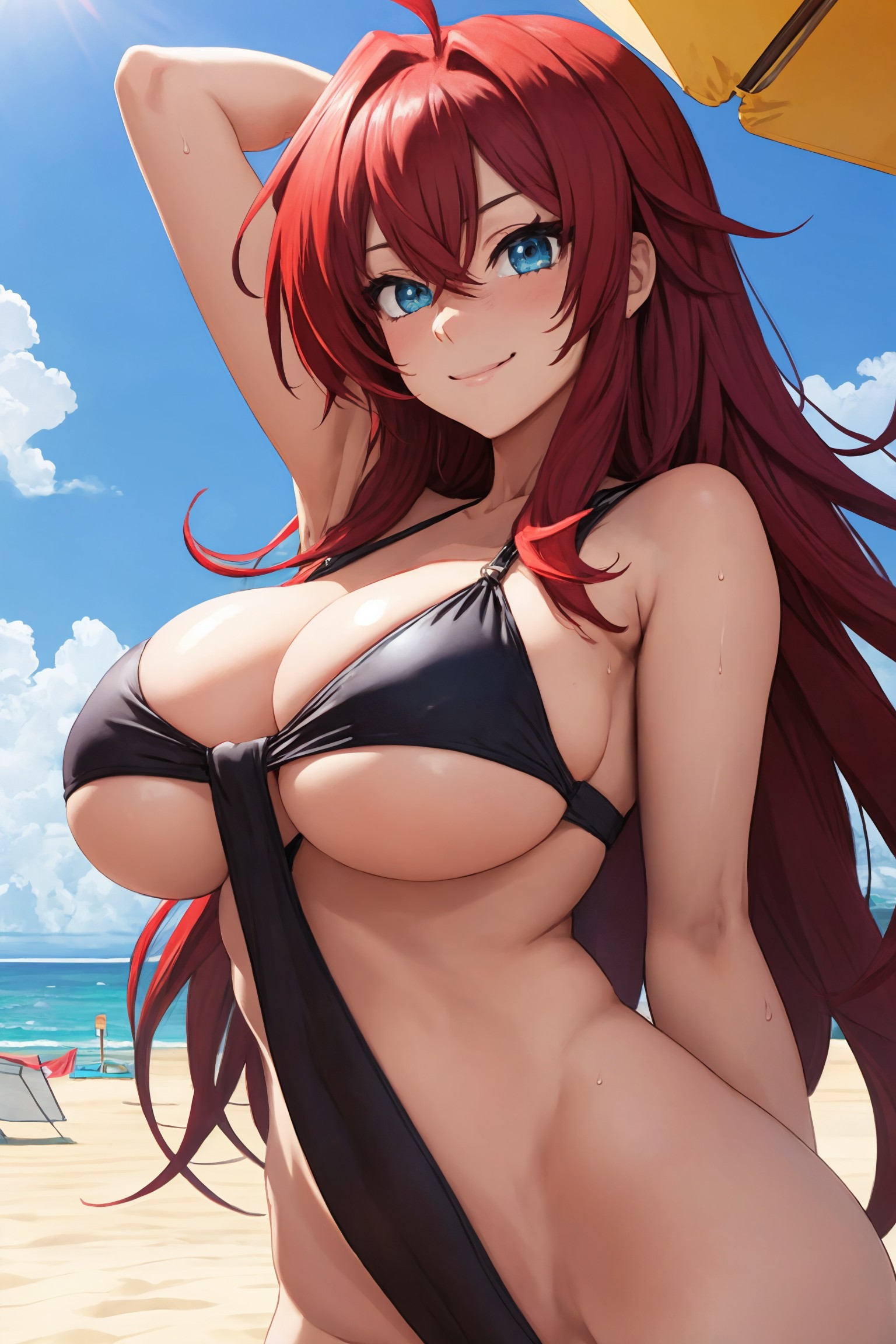 ai generated, beach, bikini, blue eyes, breasts, female, female only, high school dxd, large breasts, red hair, revealing swimsuit, rias gremory, swimsuit