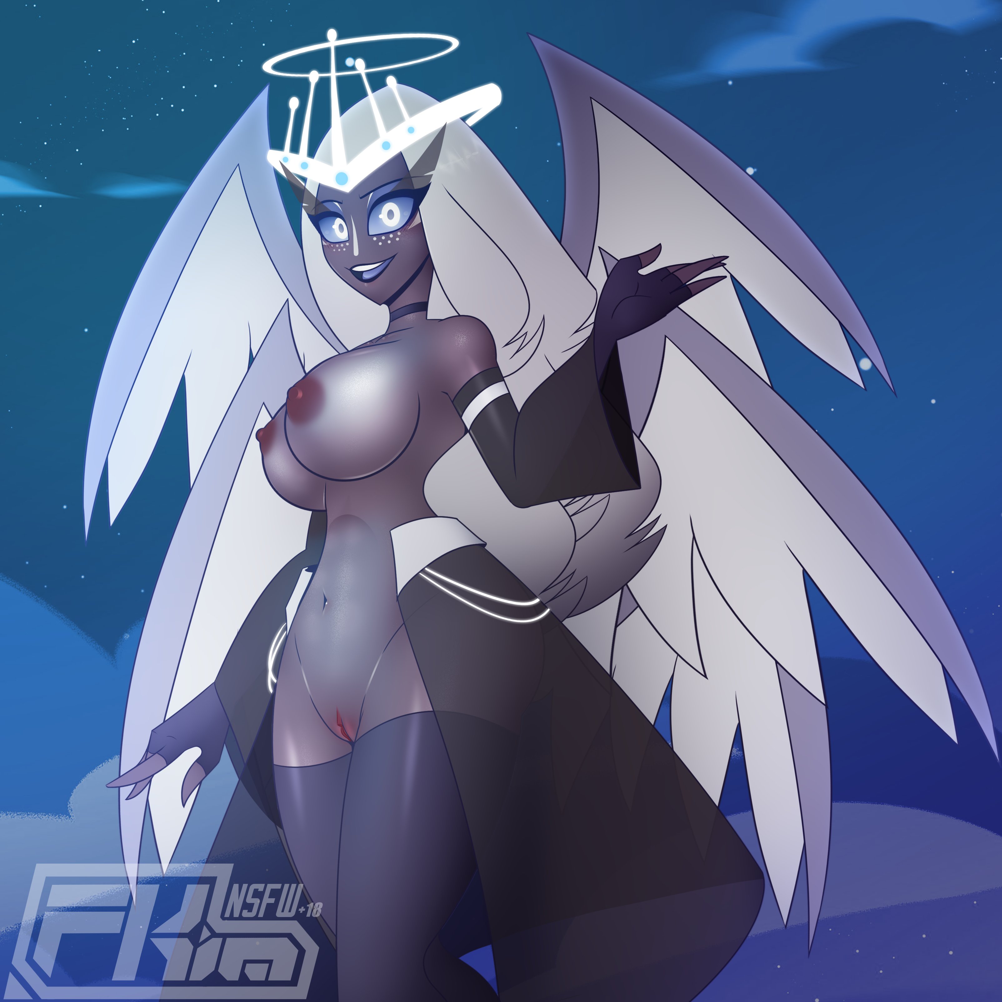 1girls, angel, areolae, blue eyes, blue sclera, breasts, casual exposure, dark skin, dark-skinned female, exhibitionism, female, female only, fkimnsfw, grey body, grey hair, grey skin, halo, hazbin hotel, humanoid, large breasts, nipples, nude, open mouth, open smile, pussy, sera (hazbin hotel), smile, solo, solo female, teeth, wings