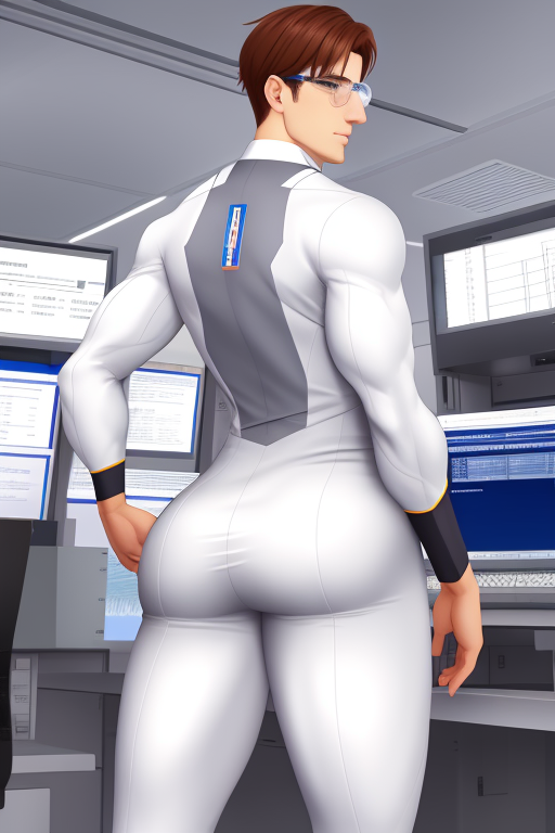 ai_generated ass bubble_butt butt butt_focus buttocks gay glasses human human_only laboratory laboratory_equipment light-skinned_male light_skin male man men_only muscular_man pale_skin scientist tight_clothing unifrom