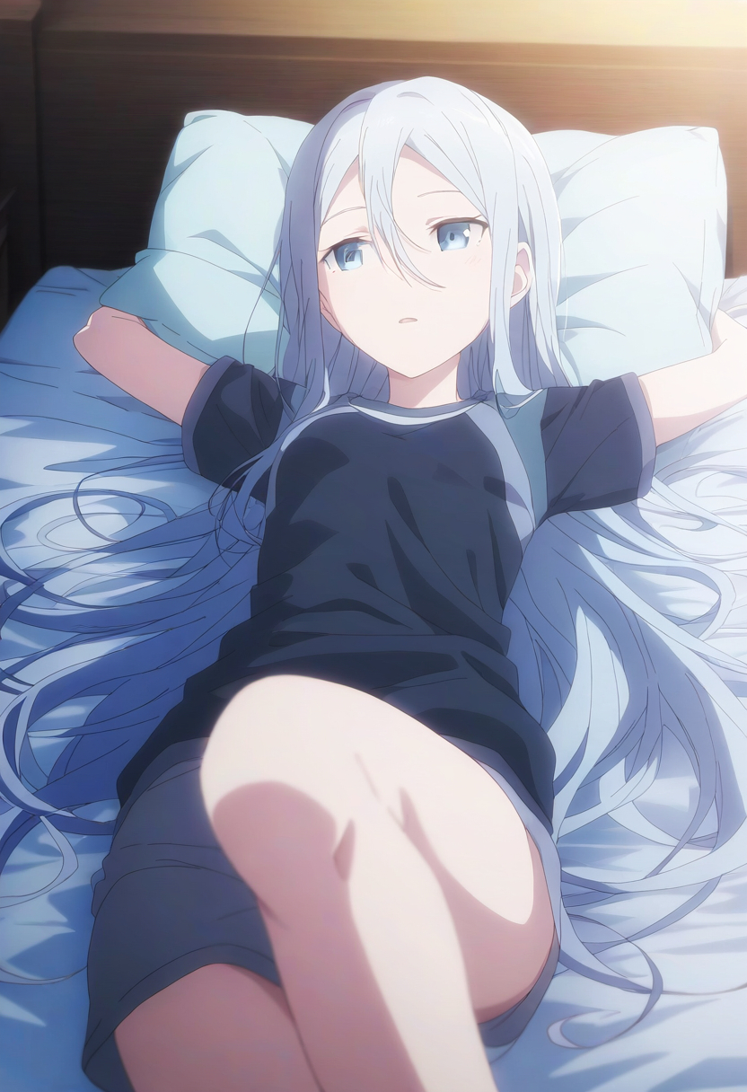 1girls ai_generated bed bedroom blue_eyes blush bottomwear breasts clothed clothing female female_focus female_only high_resolution highres laying_down laying_on_back laying_on_bed looking_at_viewer on_back on_bed pillow pov project_sekai shirt shorts silver_hair small_breasts solo solo_female solo_focus thighs topwear yoisaki_kanade