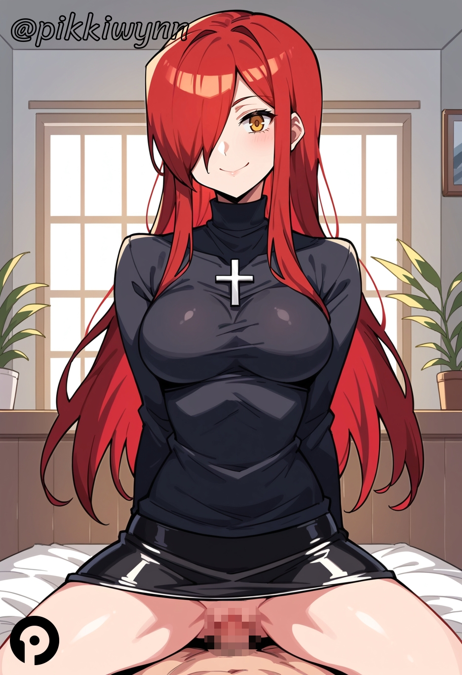 1boy ai_generated arms_behind_back black_dress blush breasts censored clothed_sex cowgirl_position cross cross_necklace dress female hair_over_one_eye indoors jewelry large_breasts long_hair long_sleeves looking_at_viewer on_bed orange_eyes parasoul penis pikkiwynn plant pov pussy red_hair sex shaved_crotch shaved_penis shaved_pussy skullgirls smile solo_focus spread_legs straddling straight sweater tattoo thighs turtleneck vaginal_penetration window yellow_eyes
