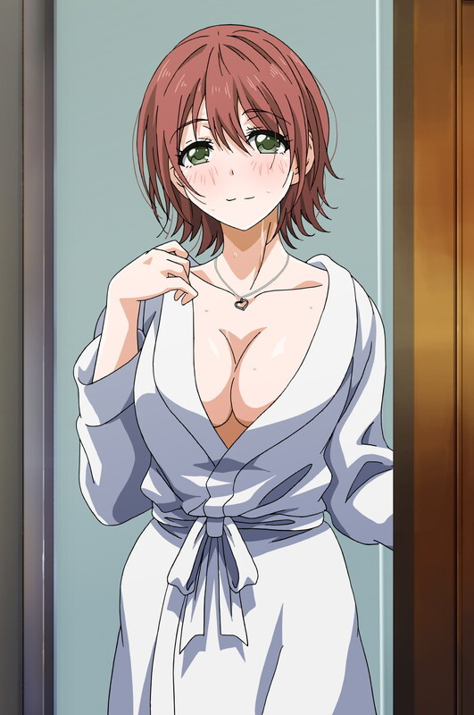 1girls 2024 adorable adorable_face college college_student doorway green_eyes heart_necklace huge_breasts huge_cleavage robe school sefure_no_senpai_the_animation shion_(animation_studio) standing_in_doorway sweaty university vanilla