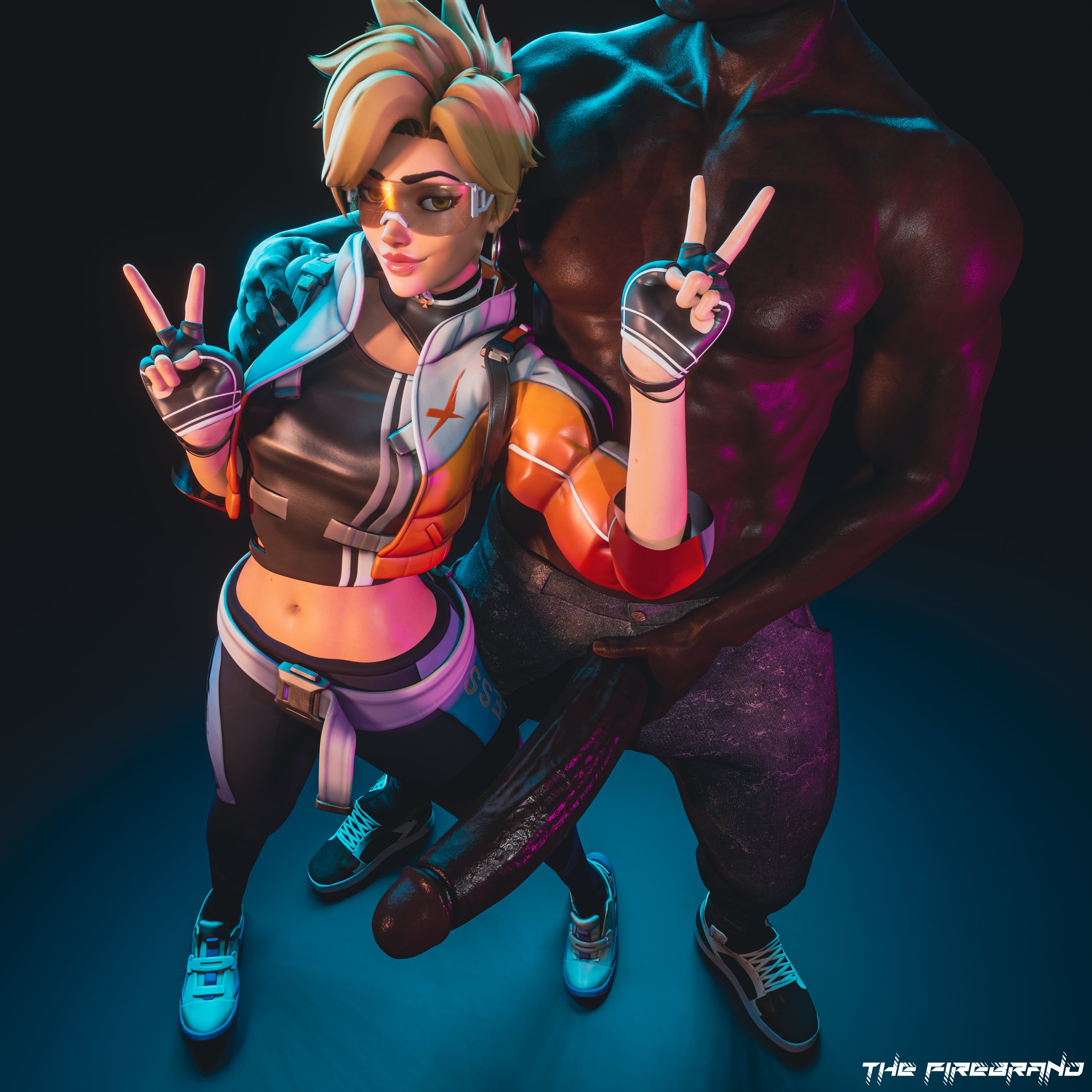 1boy, 1girls, 3d, antifragile traysi, big penis, blonde hair, bottomwear, dark skin, dark-skinned male, female, footwear, full color, fully clothed, hoop earrings, interracial, le sserafim, looking at viewer, male, no penetration, overwatch, overwatch 2, penis, the firebrand, tracer