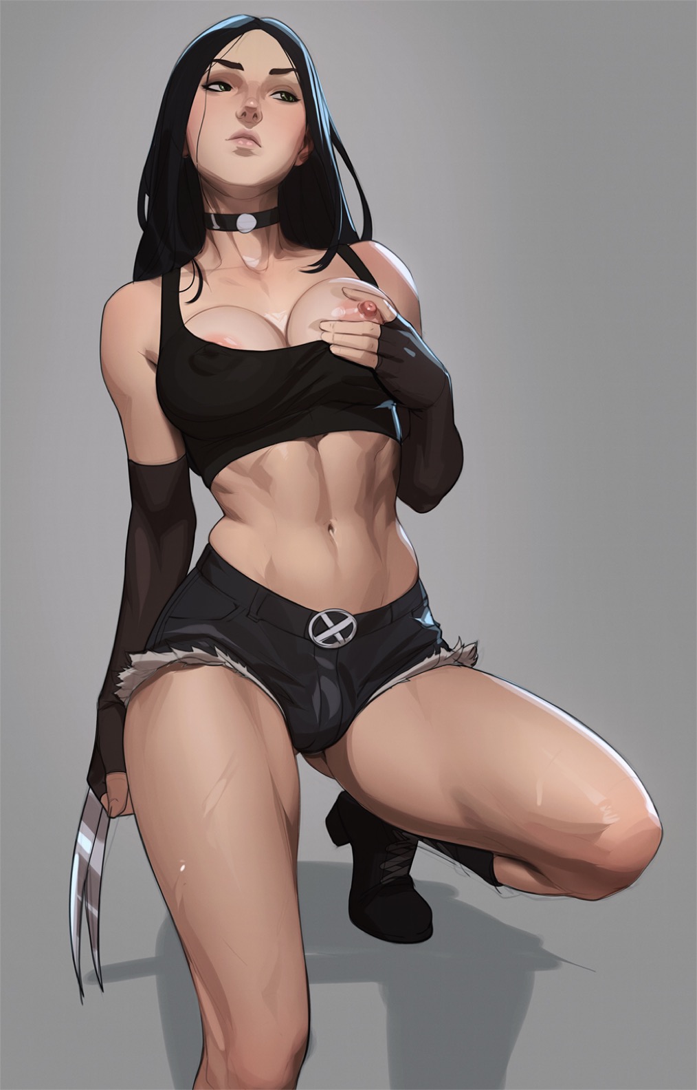 1futa 2024 abs areola_slip areolae armwear black_hair boots booty_shorts breasts bulge bulge_through_clothing choker clothed clothing crop_top exposed_breasts futa_only futa_sans_pussy futanari goth goth_futa hi_res highres human jean_shorts large_breasts laura_kinney light-skinned_futanari light_skin marvel mostly_clothed nipple_bulge nipple_play nipples nipples_visible_through_clothing pink_nipples scar semi_clothed short_shorts shorts simple_background solo tarakanovich x-23 x-men