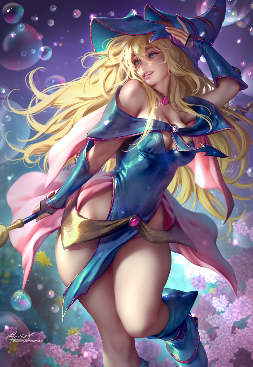 aleriia v, blonde hair, breasts, cleavage, dark magician girl, female, female focus, female only, lerapi, level-5, long hair, thick thighs, thighs, yu-gi-oh!