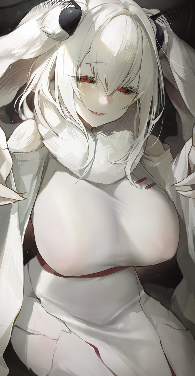antennae, antennae (anatomy), bare shoulders, black sclera, insect girl, insect humanoid, insects, light skin, mashiro (solopipb), nangz1, red eyes, robe, tuft, white hair, white skin