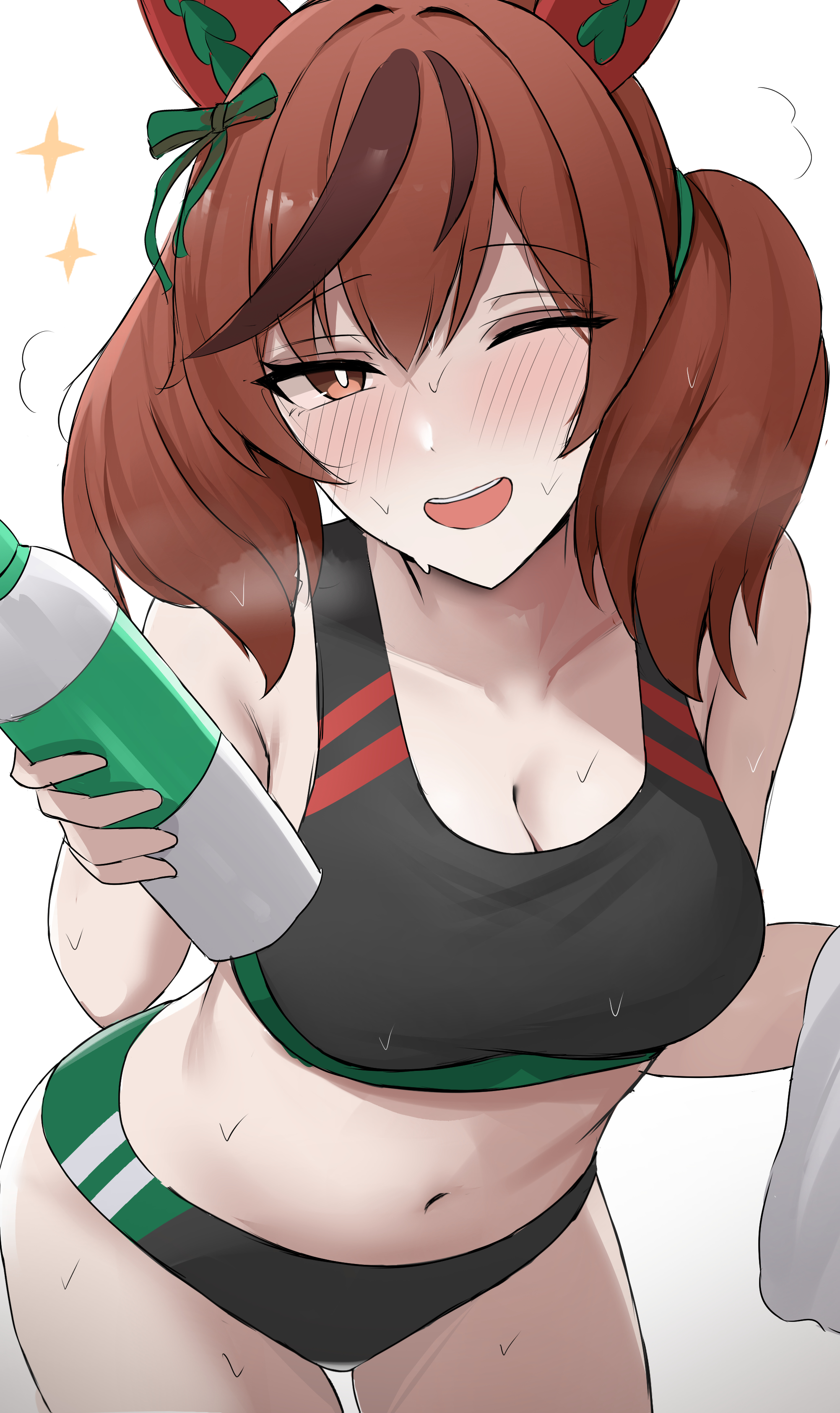 ;d, absurdres, animal ears, black sports bra, bottle, breasts, breath, brown eyes, brown hair, cleavage, collarbone, commentary, cup, earrings, english commentary, female, highres, holding, holding bottle, holding cup, horse ears, horse girl, jewelry, large breasts, leaning forward, long hair, looking at viewer, multicolored hair, namikare, nice nature (umamusume), one eye closed, open mouth, smile, solo, sports bra, streaked hair, sweat, two side up, umamusume, water bottle, white background