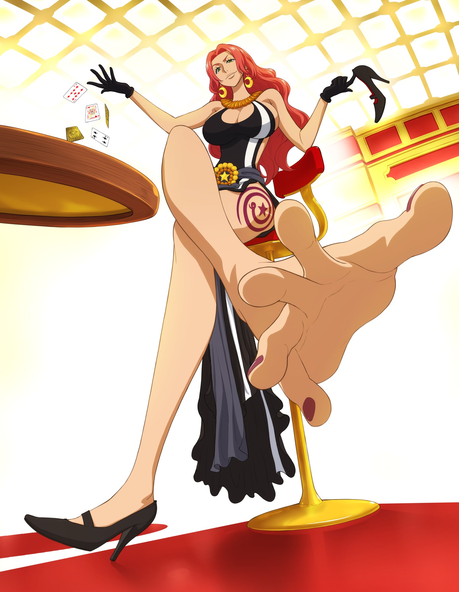 1girls, baccarat (one piece), black gloves, breasts, card, casino, casino card table, cleavage cutout, clothing, clothing cutout, crossed legs, dress, earrings, feet, female, female only, flexible toes, foot fetish, foot focus, full body, gloves, green eyes, high heels, highres, holding, holding shoes, holding unworn clothes, indoors, jewelry, large breasts, leg tattoo, long hair, looking at viewer, mature female, nail polish, necklace, one piece, one piece film: gold, playing card, red hair, red-haired female, shoes, single shoe, sitting, sleeveless, smirk, solo, spread toes, table, tattoo, toenail polish, toenails, toes, unworn shoes, warabi yuuzou