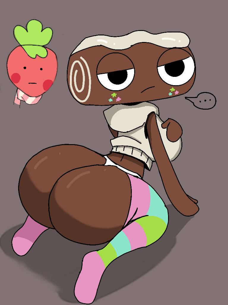 . ., ..., 1boy, 1girls, anthro, anthro only, ass, ass crack, ass out, big ass, big breasts, big butt, blushcrunch studio, breasts, bubble ass, bubble butt, butt crack, butt out, cake, caked up, cosmo, cosmo (dandy's world), dandy's world, deviantart, female, food, food creature, genderswap, genderswap (mtf), hand on breast, living object, male, no emotion, non-human, object, object head, roll cake, rule 63, sprout (dandy's world), strawberry, swiss roll, thick thighs, thigh highs, touching breast, touching own breast, touching self