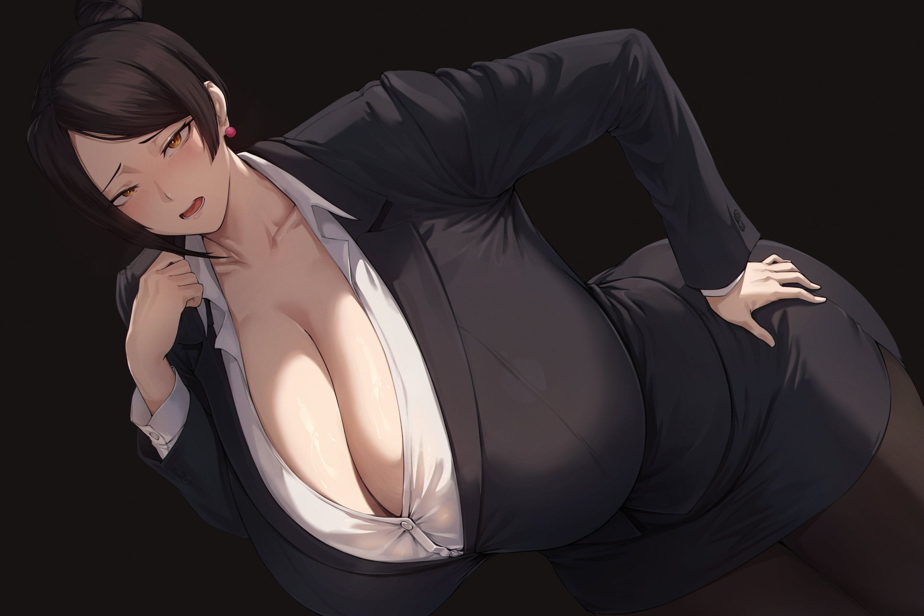 1girls, ass, big ass, big breasts, big thighs, bijin onna joushi takizawa-san, black hair, blush, breasts, breasts bigger than head, cleavage, clothed, clothing, earrings, female, gigantic ass, gigantic breasts, gigantic thighs, huge ass, huge breasts, huge thighs, hyper, hyper breasts, looking at viewer, office clothing, office lady, pink eyes, secretary, secretary outfit, solo, takizawa kyouko, thick thighs, thighs, zer0artzer0