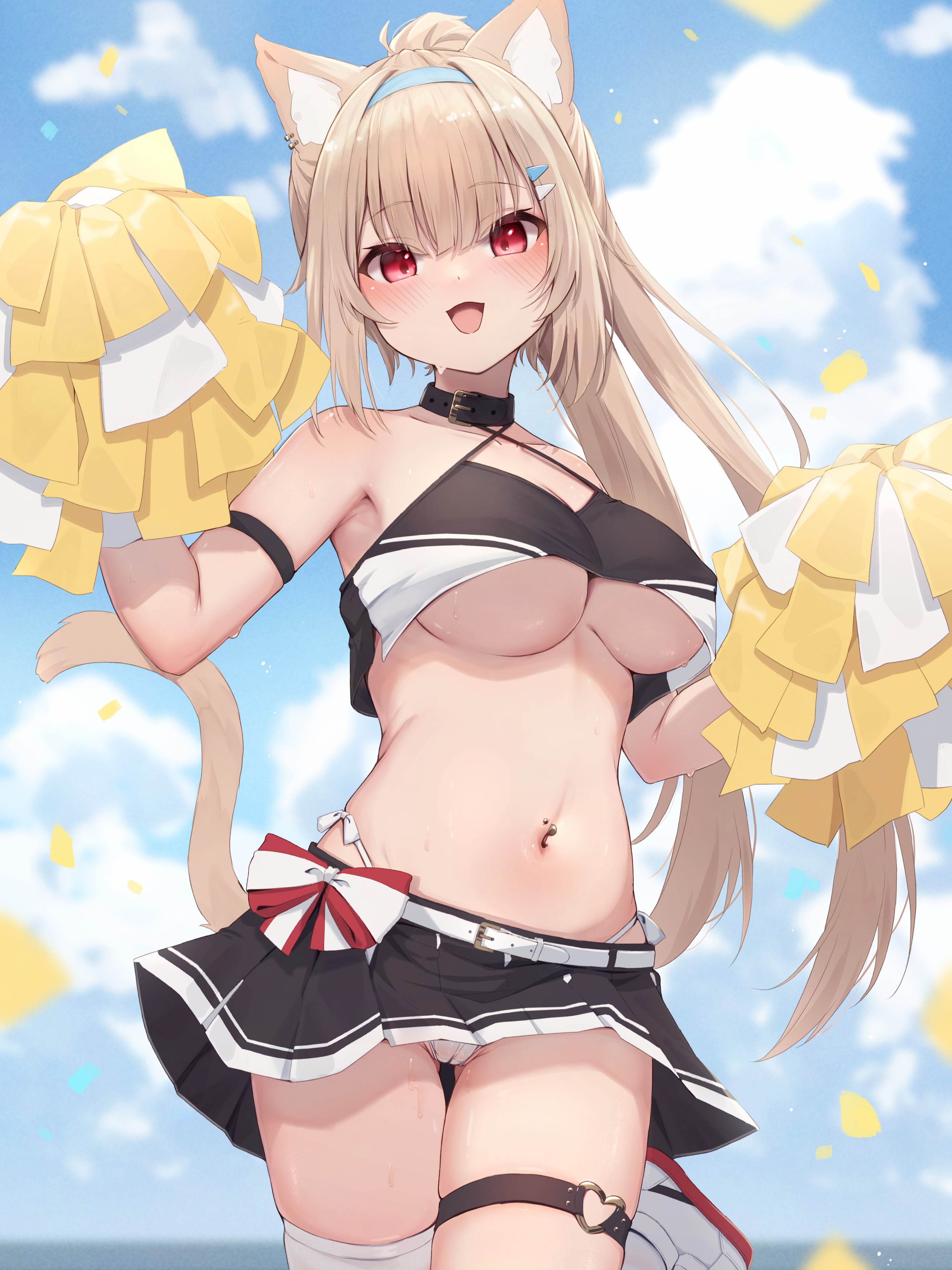 :d, absurdres, animal ears, belt, beltskirt, black collar, black skirt, blue sky, blurry, blurry background, breasts, cat ears, cat girl, cat tail, cheerleader, cheerleader uniform, cloud, collar, commentary request, day, female, fuwawa abyssgard, highres, hinata (user rjkt4745), holding, holding pom poms, hololive, hololive english, large breasts, long hair, looking at viewer, navel, navel piercing, no bra, ocean, open mouth, outdoors, panties, piercing, pom pom (cheerleading), pom poms, red eyes, revision, shoes, skirt, sky, smile, solo, standing, tail, thigh strap, thighhighs, thighs, underboob, underwear, uniform, virtual youtuber, white panties, white shoes, white thighhighs