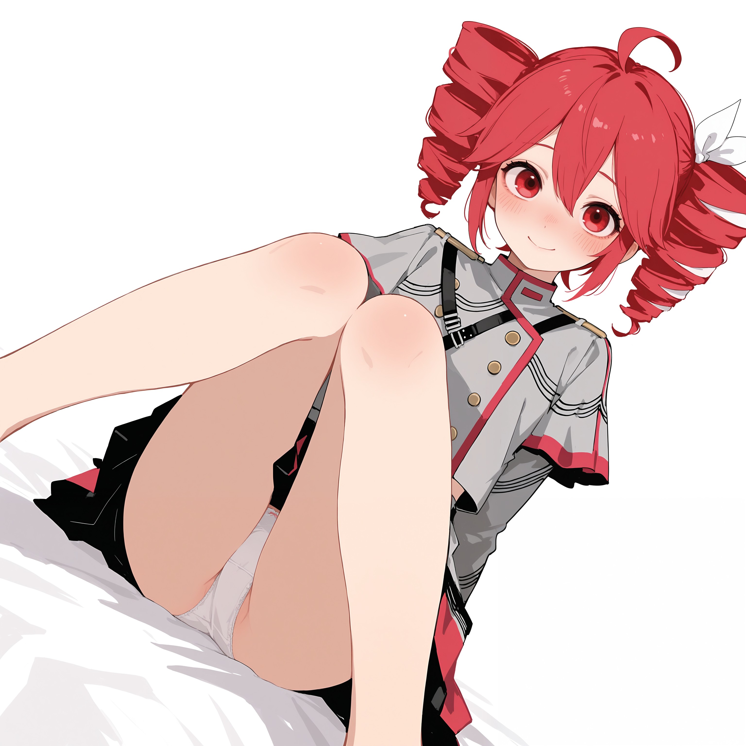 1girls, ai generated, ass visible through thighs, big breasts, big thighs, blush, blush lines, bow panties, breasts, clothed, clothed female, clothing, crop top, cropped jacket, fat thighs, female, female only, flashing, flashing panties, fully clothed, hair ornament, hairbow, huge breasts, huge thighs, kasane teto, kasane teto (sv), knees together, large breasts, large thighs, looking at viewer, low-angle view, nail polish, painted nails, panties, panty peek, pantyshot, partially visible vulva, pink nails, plump, plump thighs, pussy, pussy peek, red eyes, red hair, shiny skin, showing panties, simple background, sitting, skindentation, skirt, skirt lift, smile, solo, solo female, synthesizer v, tetogallery, twin drills, upskirt, utau, vulva, white background, white panties, wide hips