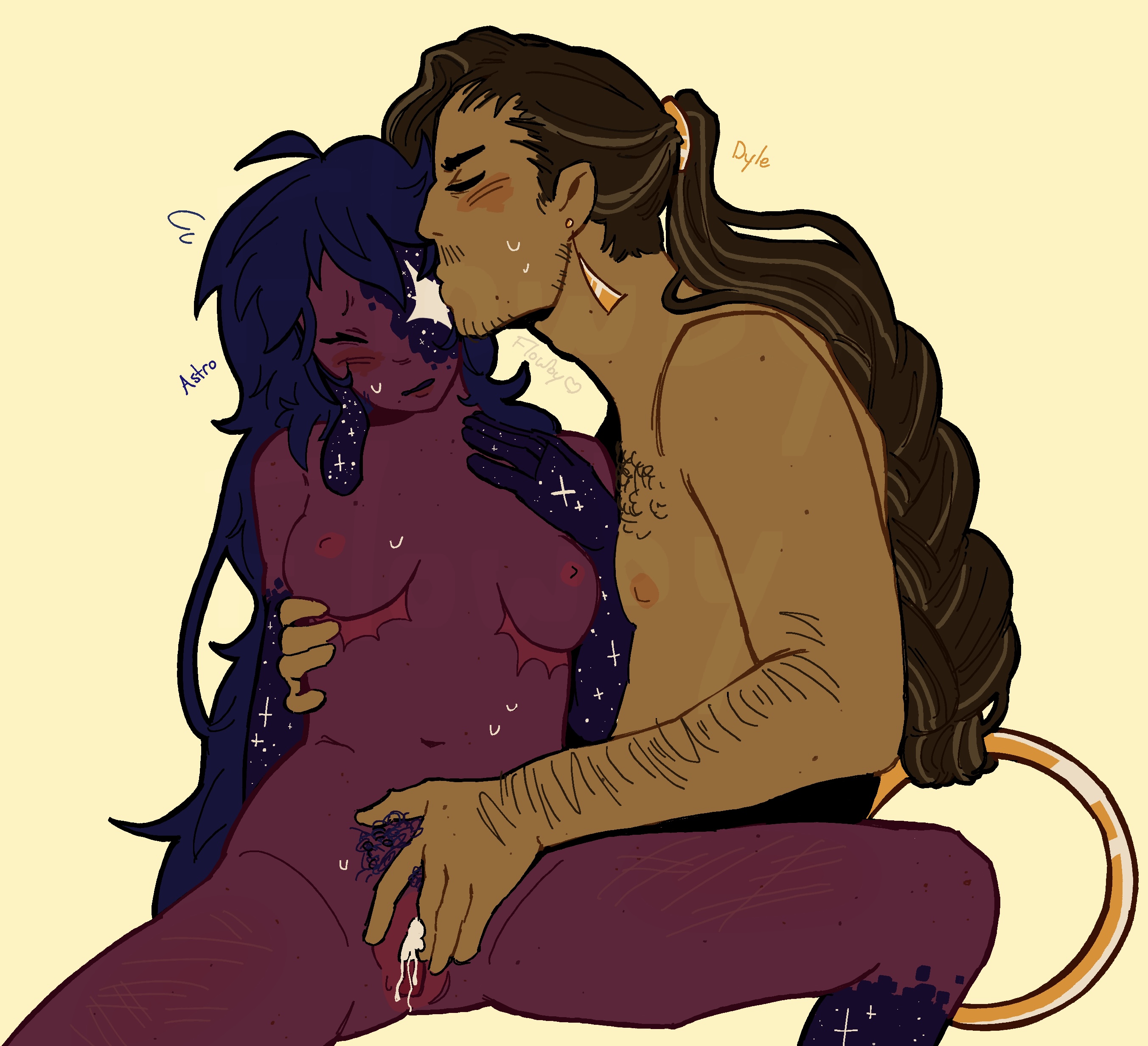 astro (dandy's world), cum drip, cuntboy, dandy's world, dandys world, dark skin, dyle (dandy's world), feminine male, fingering, fingering pussy, gijinka, hair, human version, kissing, roblox, self harm scars, top surgery scars, transmasc, vaginal fingering