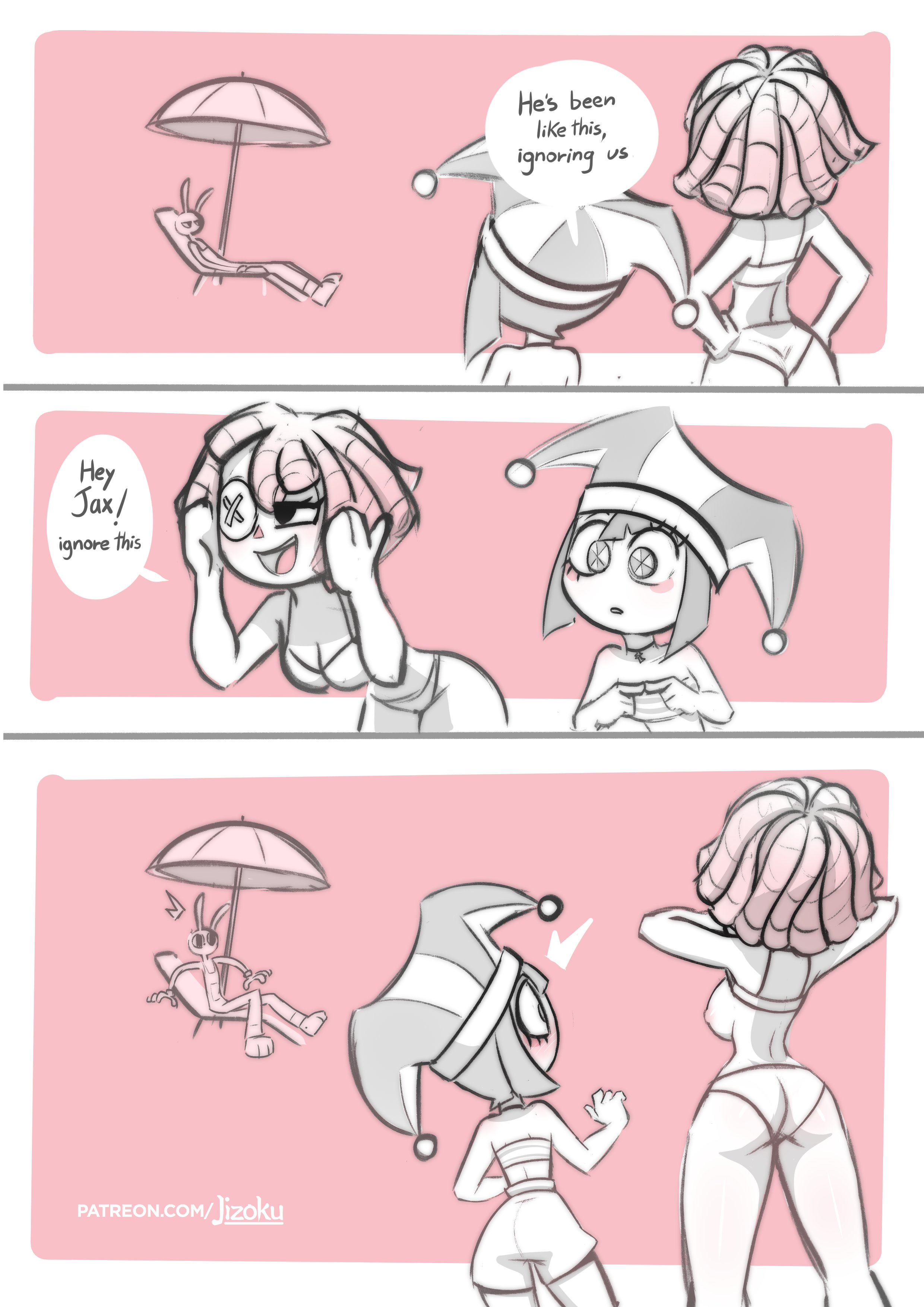 !, 1boy, 2girls, back boob, bikini, bikini bottom, bikini top, blush, clothing, dialogue, english commentary, english text, female, flashing, flashing breasts, flat chest, glitch productions, group, human, jax (the amazing digital circus), jizoku, monochrome, pale skin, pomni (the amazing digital circus), ragatha (the amazing digital circus), sideboob, speech bubble, sun chair, surprised, swimwear, the amazing digital circus, tube top, tubetop
