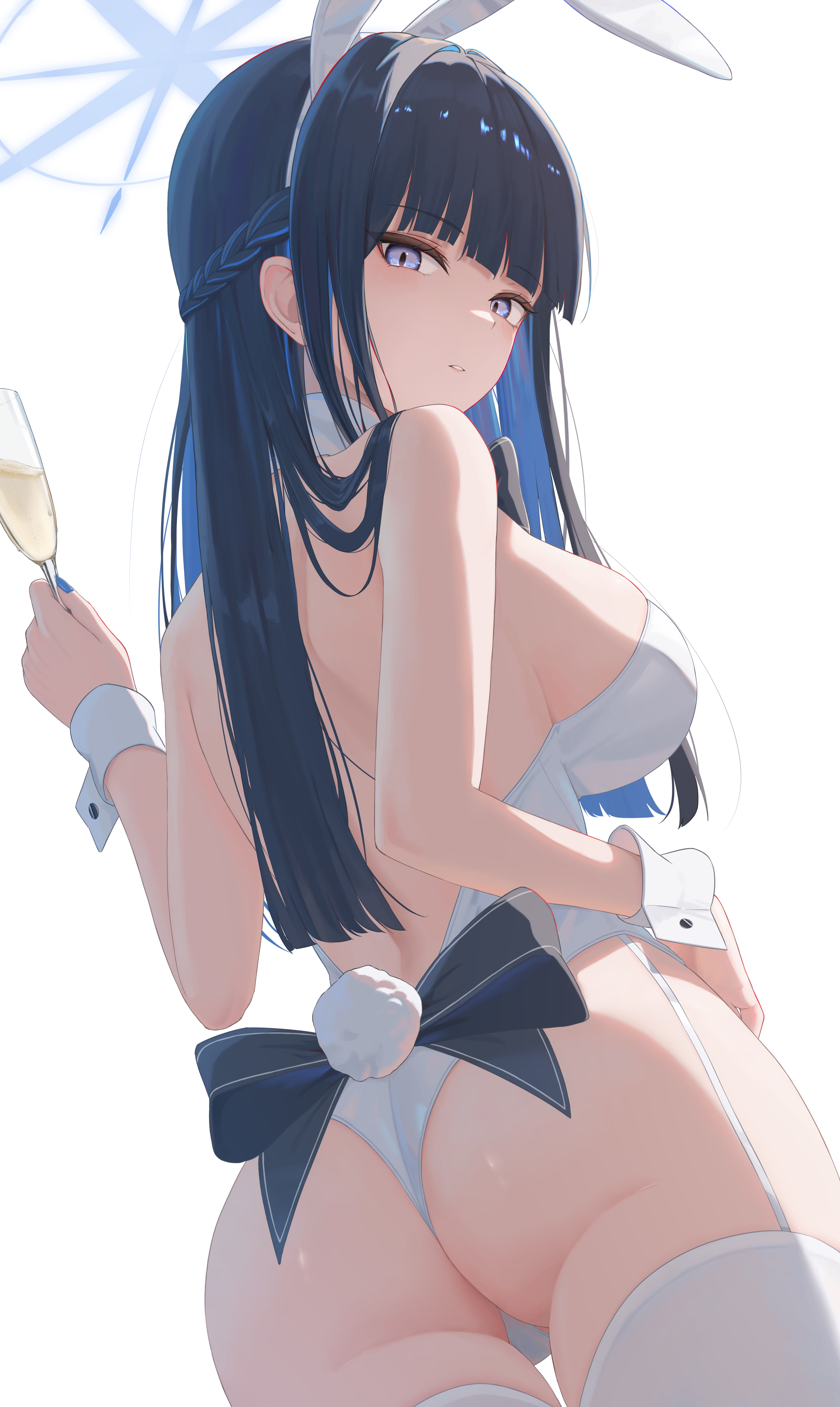 absurdres, alcohol, animal ears, ass, black hair, blue archive, blue eyes, blue hair, blue halo, breasts, bunnysuit, champagne, colored inner hair, cup, drinking glass, fake animal ears, fake tail, female, halo, highres, holding, holding cup, large breasts, leotard, multicolored hair, parted lips, pige pig, playboy bunny, rabbit ears, saori (blue archive), simple background, solo, tail, thighhighs, white background, white leotard, white thighhighs, wrist cuffs