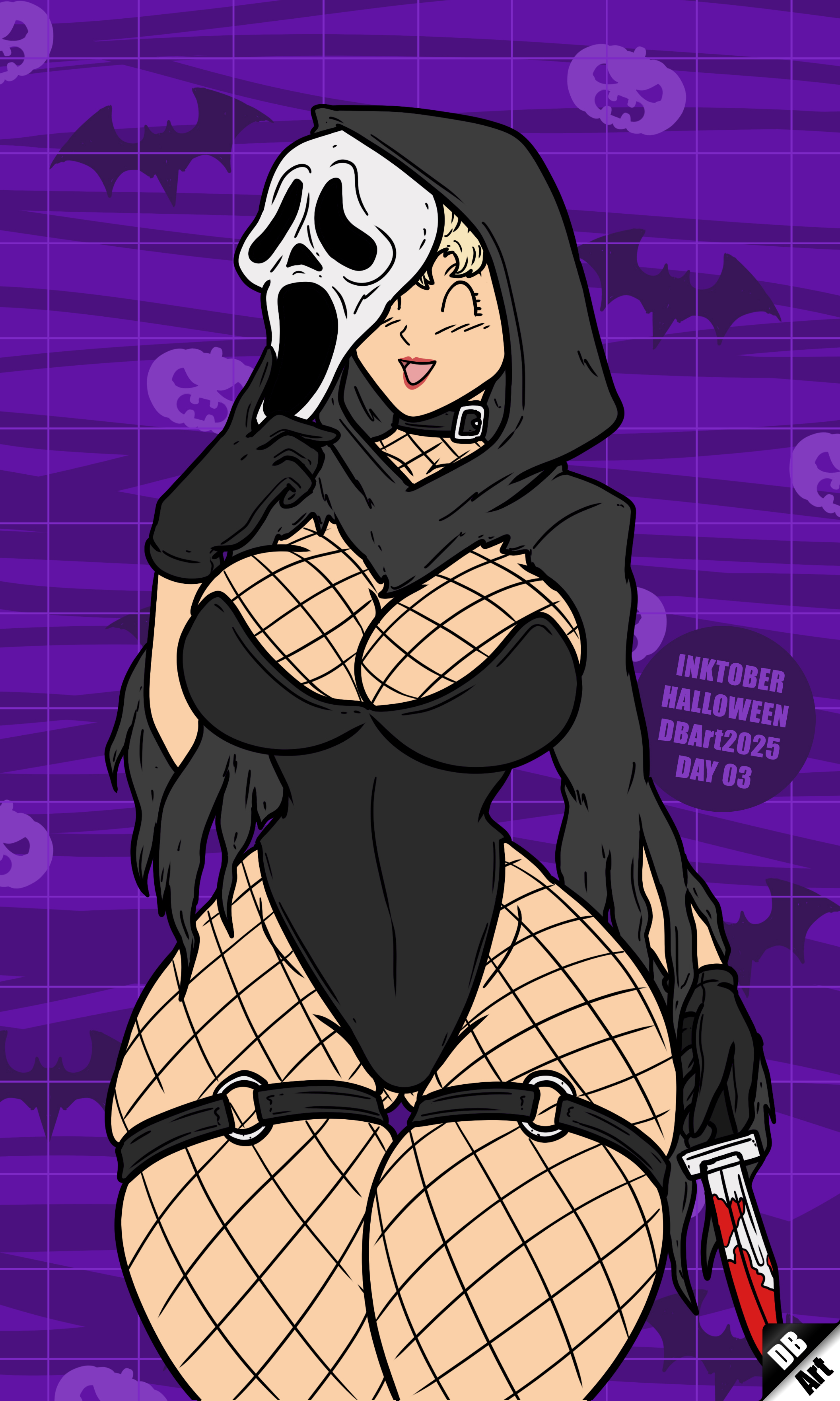 1girls, big breasts, blonde hair, breasts, cosplay, dbart+18, dragon ball, female, female only, ghostface (cosplay), gilf, halloween, huge breasts, inktober, large breasts, milf, panchy, panchy (dragon ball), panchy briefs, scream (franchise)