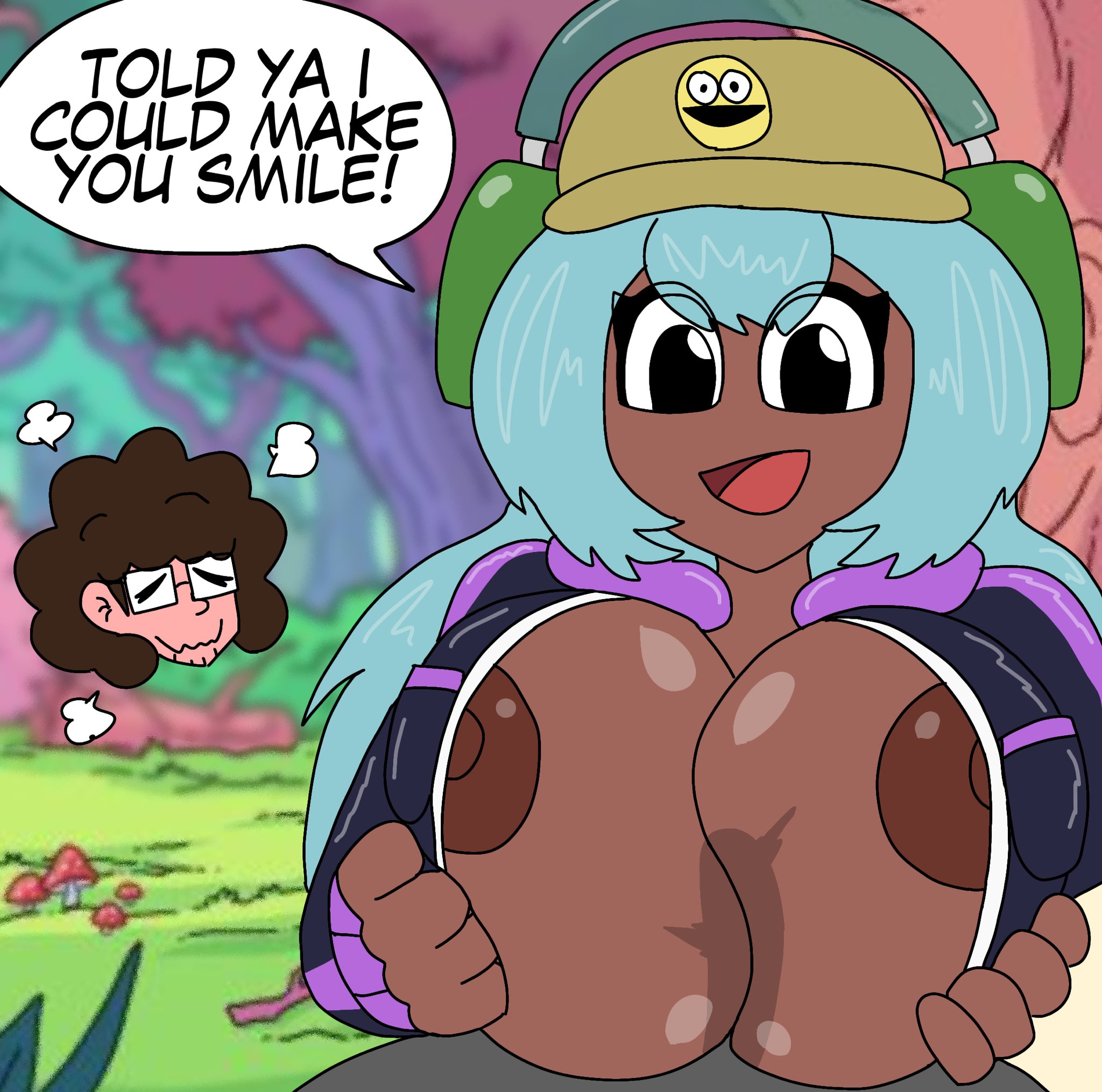 big breasts, braless, breast grab, breast squeeze, breasts, breasts out, brown body, brown nipples, dark nipples, dark skin, dark-skinned female, dialogue, dolly dimpley, huge breasts, large breasts, looking down, mrartalt, paizuri, penis, penis silhouette, smiling, smiling friends, tagme, text, text bubble, titjob