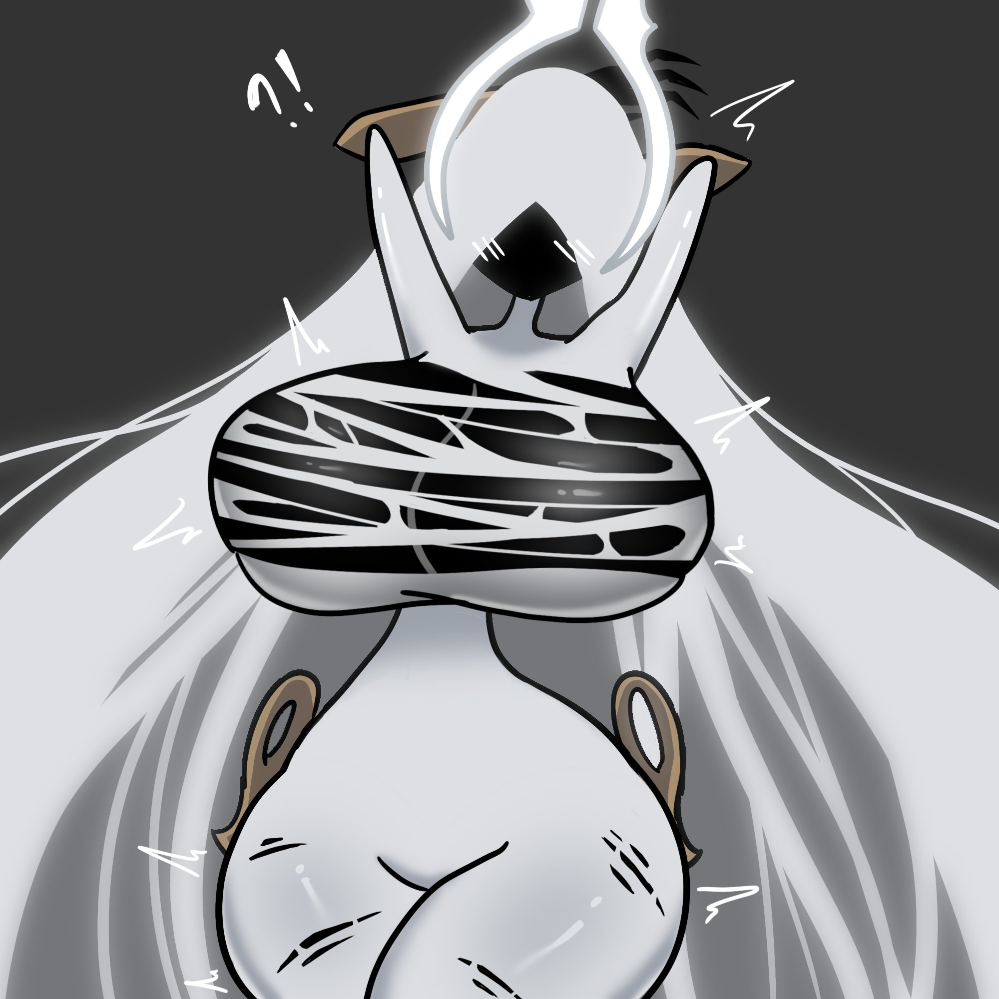 1girls, 2025, big breasts, black body, black skin, blush, breasts, faceless, female, goddess, grand mother silk, halo, hands behind back, hi res, hollow knight, hollow knight: silksong, huge breasts, hyper, hyper breasts, long hair, ripped clothing, silk, thick thighs, thighs, thin waist, very long hair, wardrobe malfunction, white clothing, white hair, xiaode18